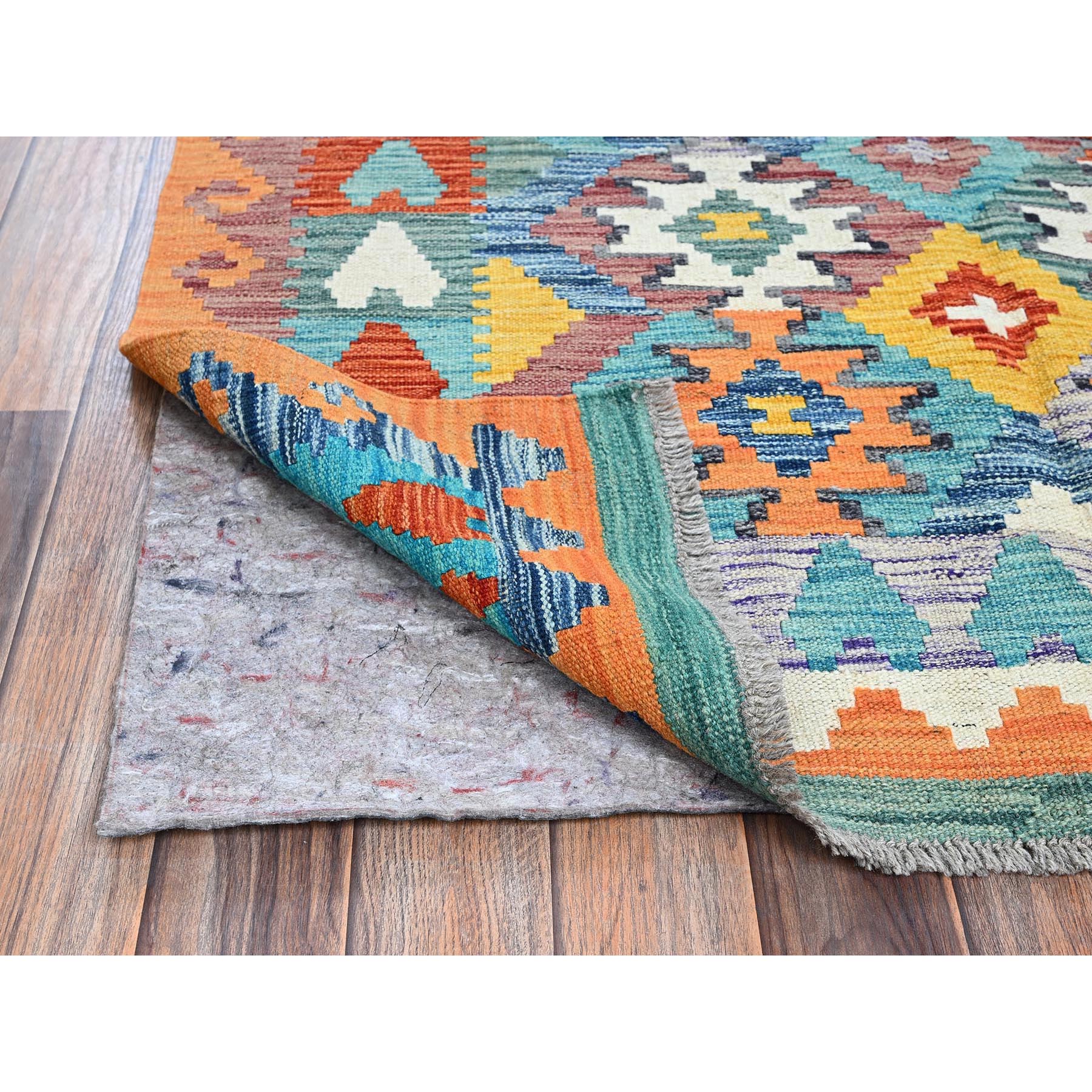 4'x5'10" Sapphire Blue, Afghan Kilim with Colorful Geometric Pattern, Vegetable Dyes, Pure Wool, Hand Woven, Flat Weave, Reversible, Oriental Rug Sh1194