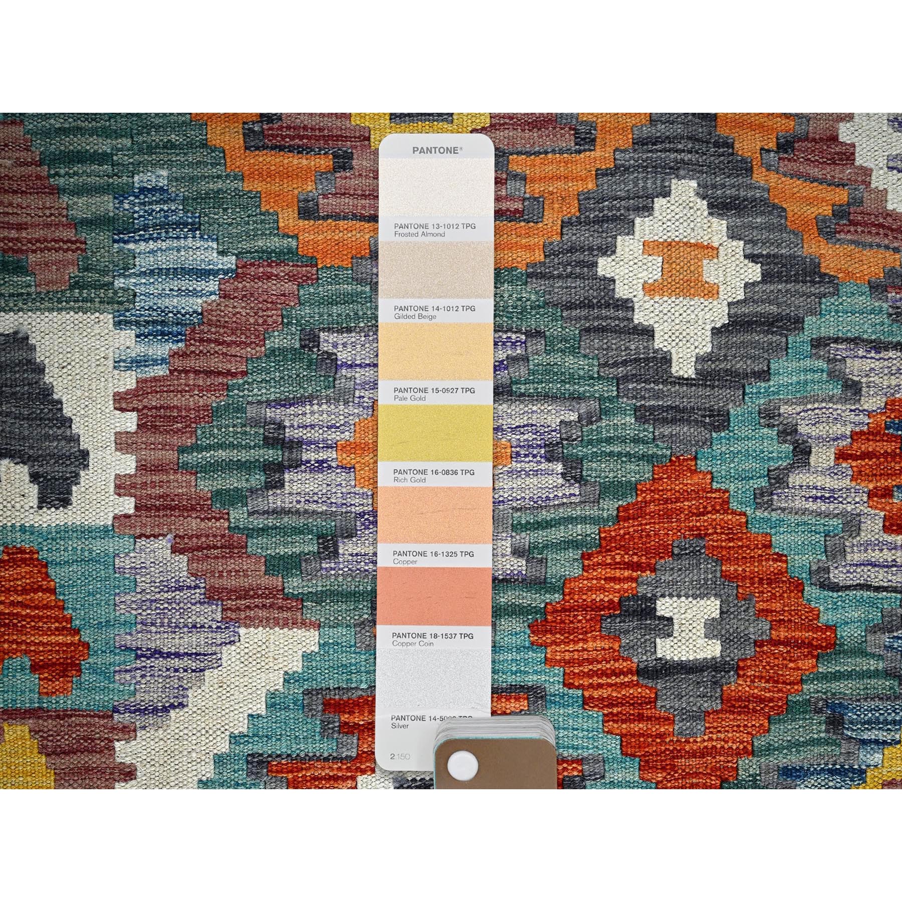 4'x5'10" Sapphire Blue, Afghan Kilim with Colorful Geometric Pattern, Vegetable Dyes, Pure Wool, Hand Woven, Flat Weave, Reversible, Oriental Rug Sh1194
