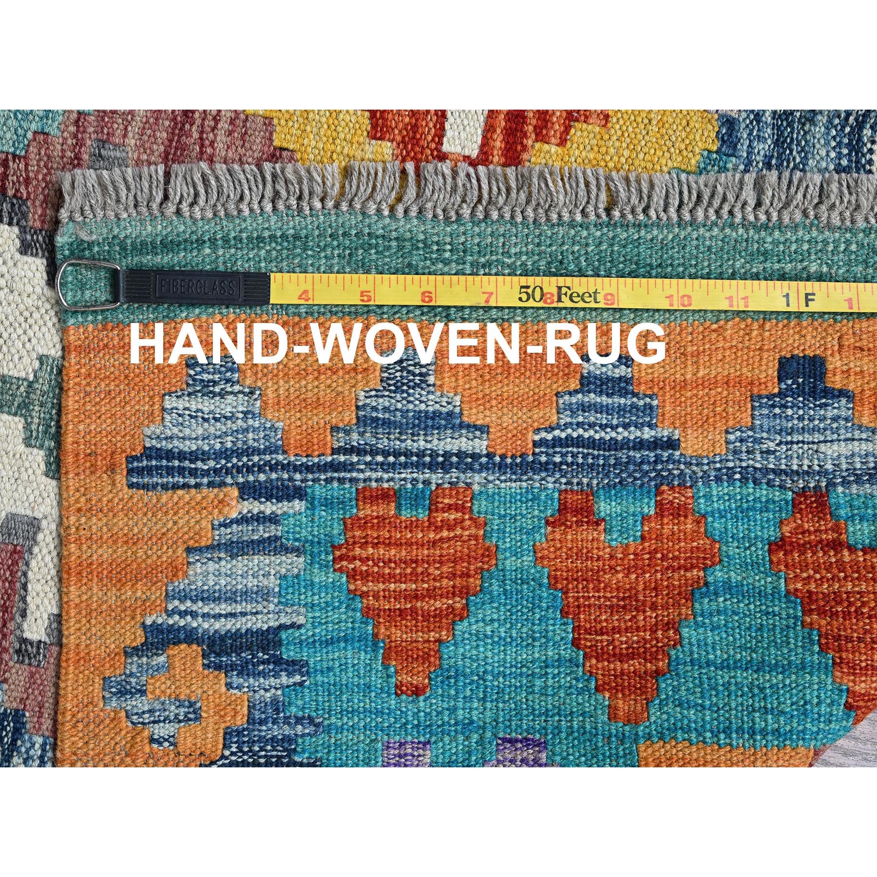 4'x5'10" Sapphire Blue, Afghan Kilim with Colorful Geometric Pattern, Vegetable Dyes, Pure Wool, Hand Woven, Flat Weave, Reversible, Oriental Rug Sh1194