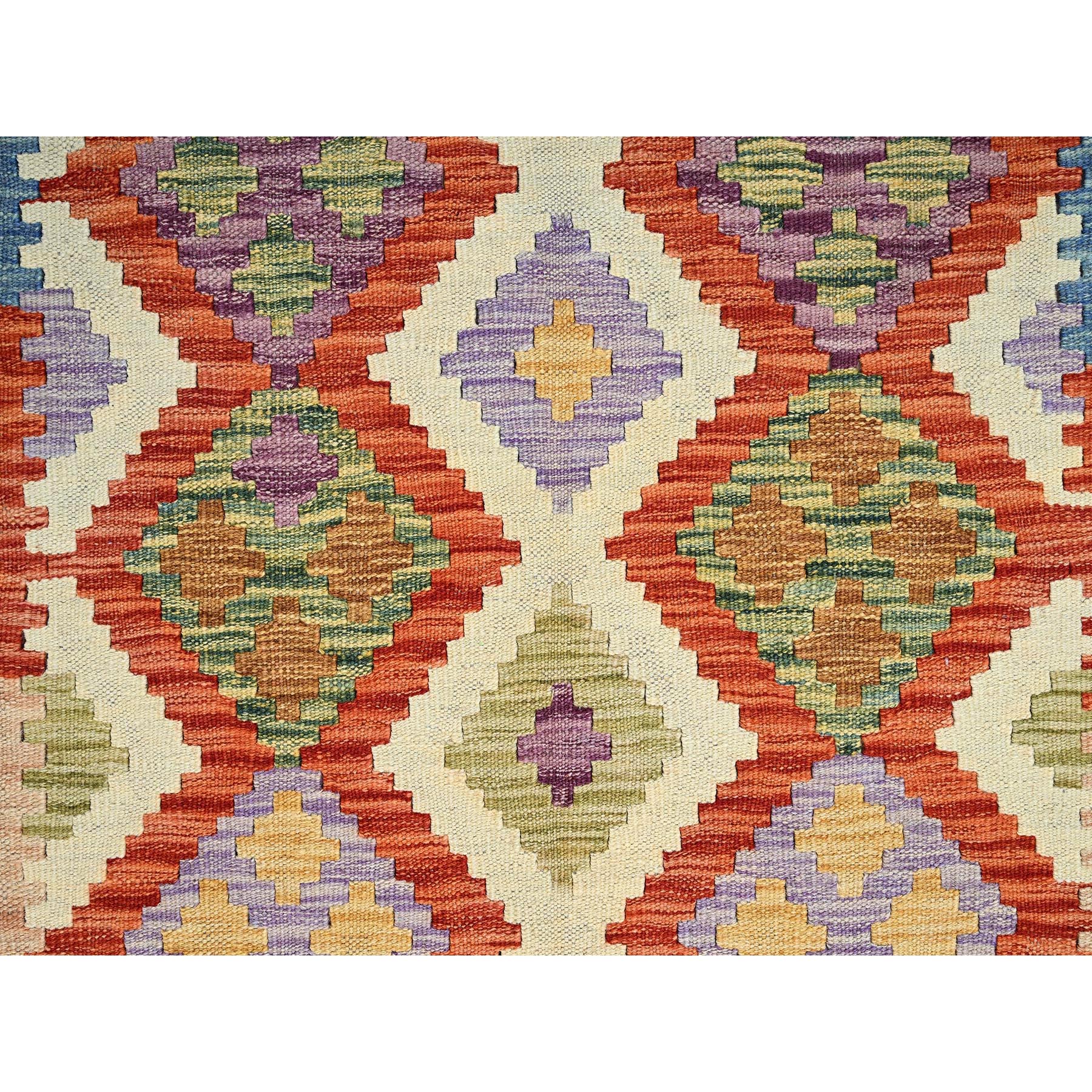 4'2"x5'9" Parchment White, Flat Weave, Afghan Kilim with Colorful Geometric Pattern, Vegetable Dyes, Pure Wool, Hand Woven, Reversible, Oriental Rug Sh1195