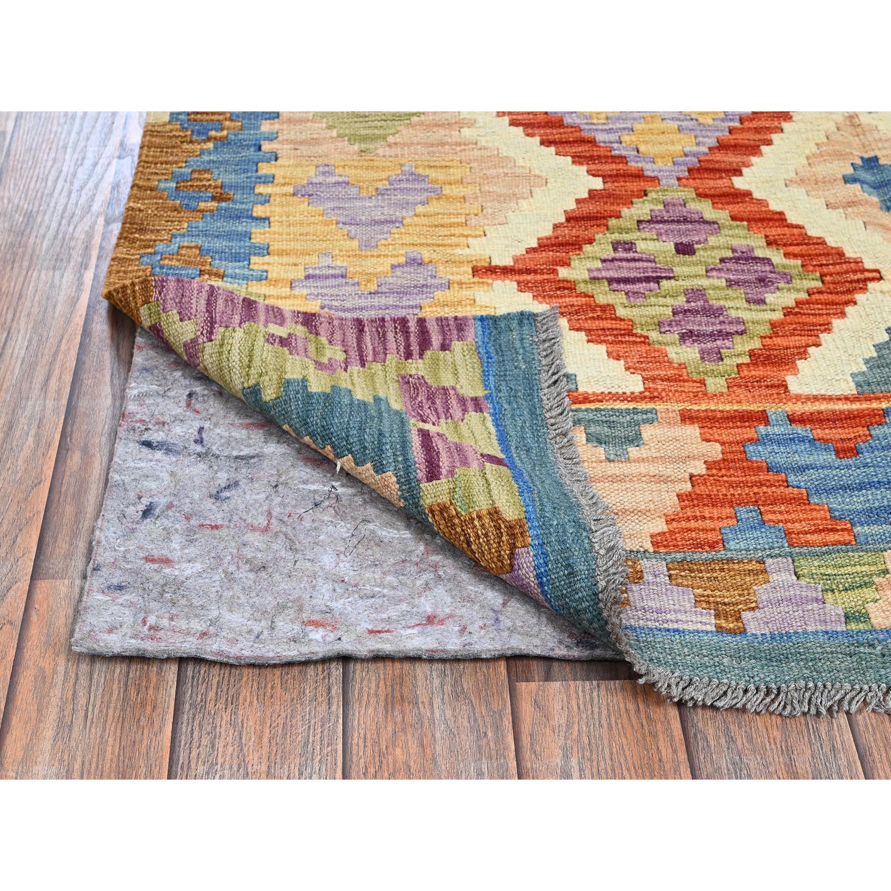4'2"x5'9" Parchment White, Flat Weave, Afghan Kilim with Colorful Geometric Pattern, Vegetable Dyes, Pure Wool, Hand Woven, Reversible, Oriental Rug Sh1195