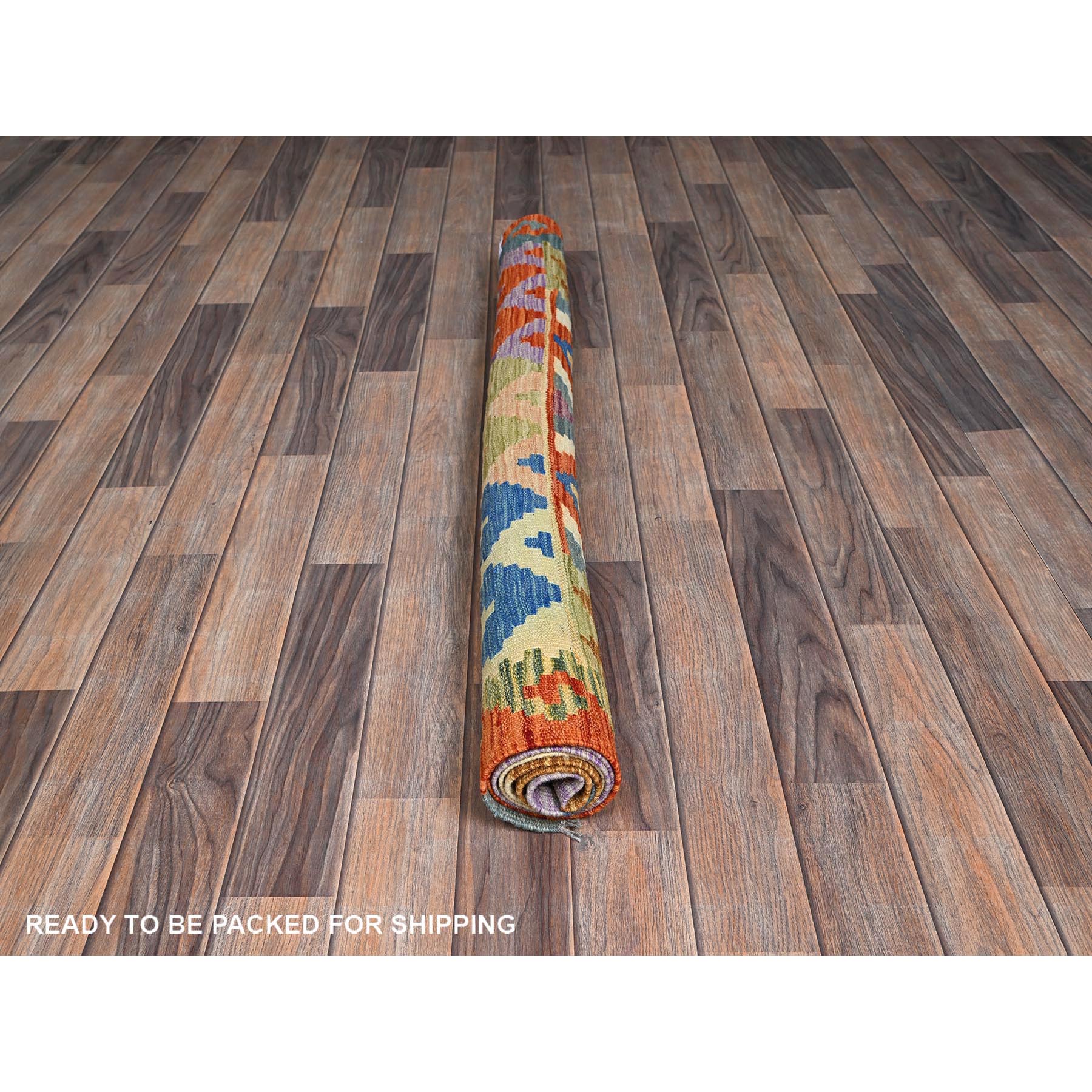4'2"x5'9" Parchment White, Flat Weave, Afghan Kilim with Colorful Geometric Pattern, Vegetable Dyes, Pure Wool, Hand Woven, Reversible, Oriental Rug Sh1195