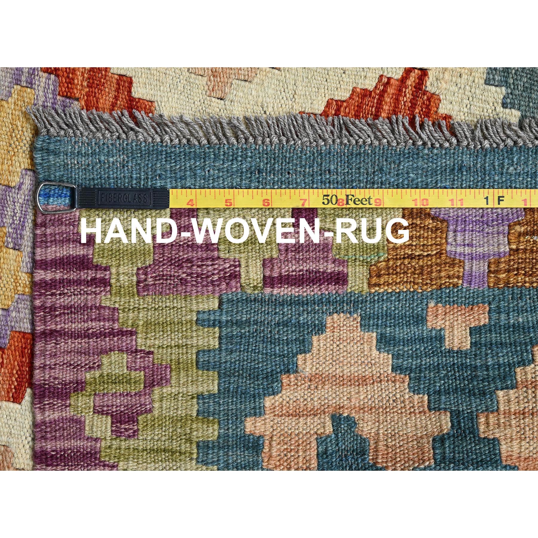 4'2"x5'9" Parchment White, Flat Weave, Afghan Kilim with Colorful Geometric Pattern, Vegetable Dyes, Pure Wool, Hand Woven, Reversible, Oriental Rug Sh1195