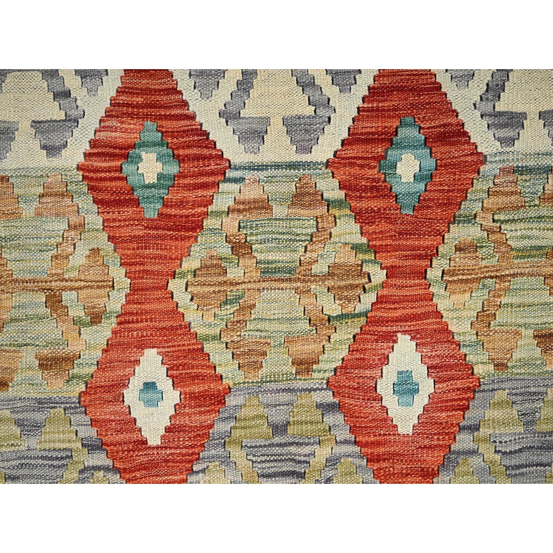 4'x5'3" Alabaster White, Afghan Kilim with Colorful Geometric Pattern, Vegetable Dyes, Pure Wool, Flat Weave, Hand Woven, Reversible, Oriental Rug Sh1196