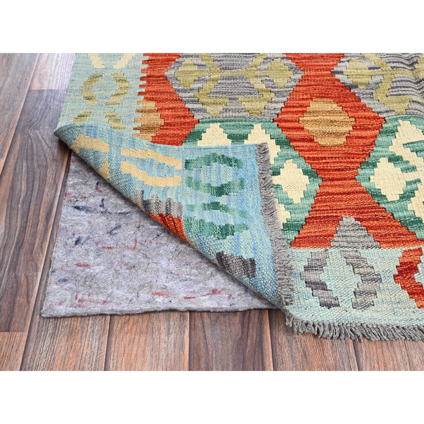 4'x5'3" Alabaster White, Afghan Kilim with Colorful Geometric Pattern, Vegetable Dyes, Pure Wool, Flat Weave, Hand Woven, Reversible, Oriental Rug Sh1196