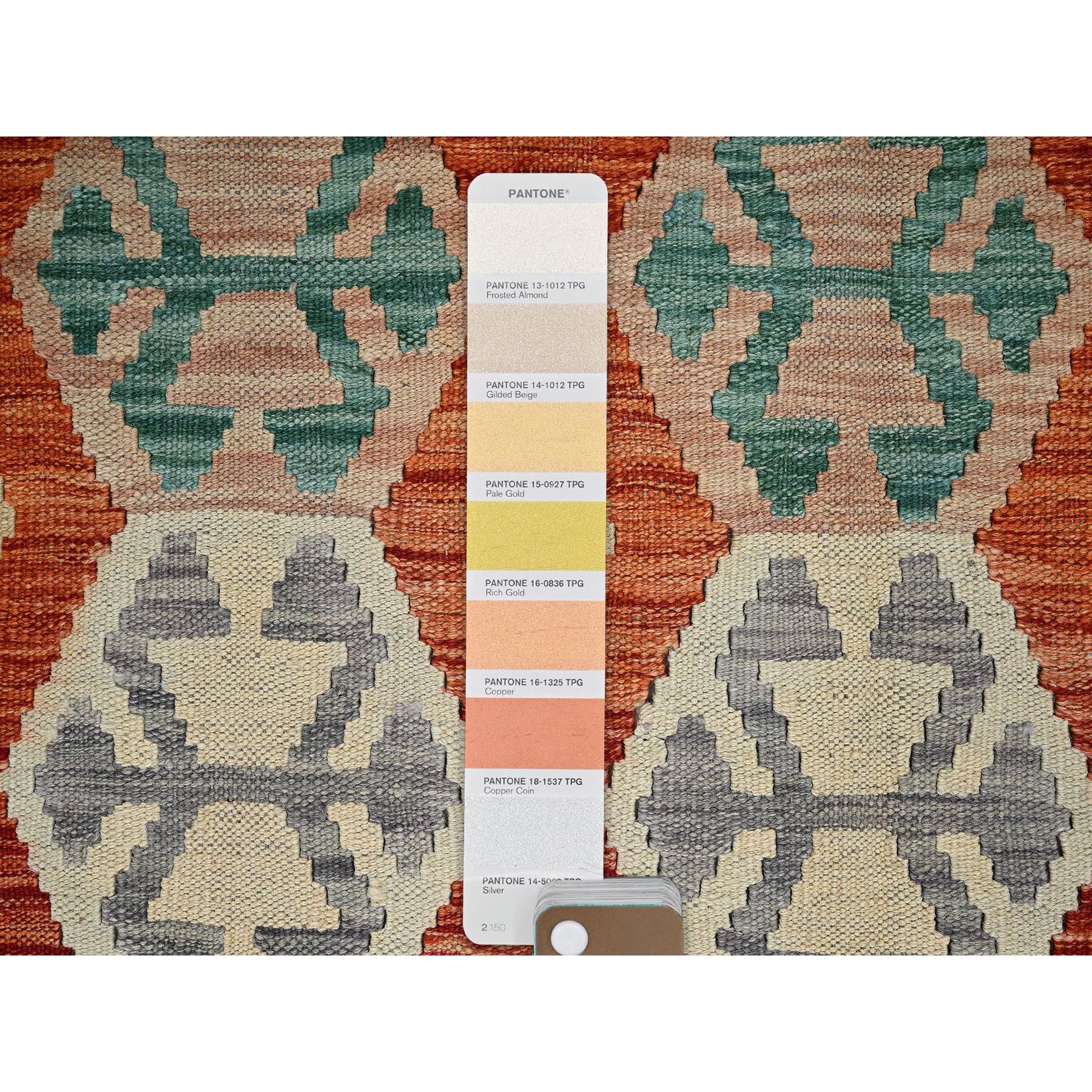 4'x5'3" Alabaster White, Afghan Kilim with Colorful Geometric Pattern, Vegetable Dyes, Pure Wool, Flat Weave, Hand Woven, Reversible, Oriental Rug Sh1196