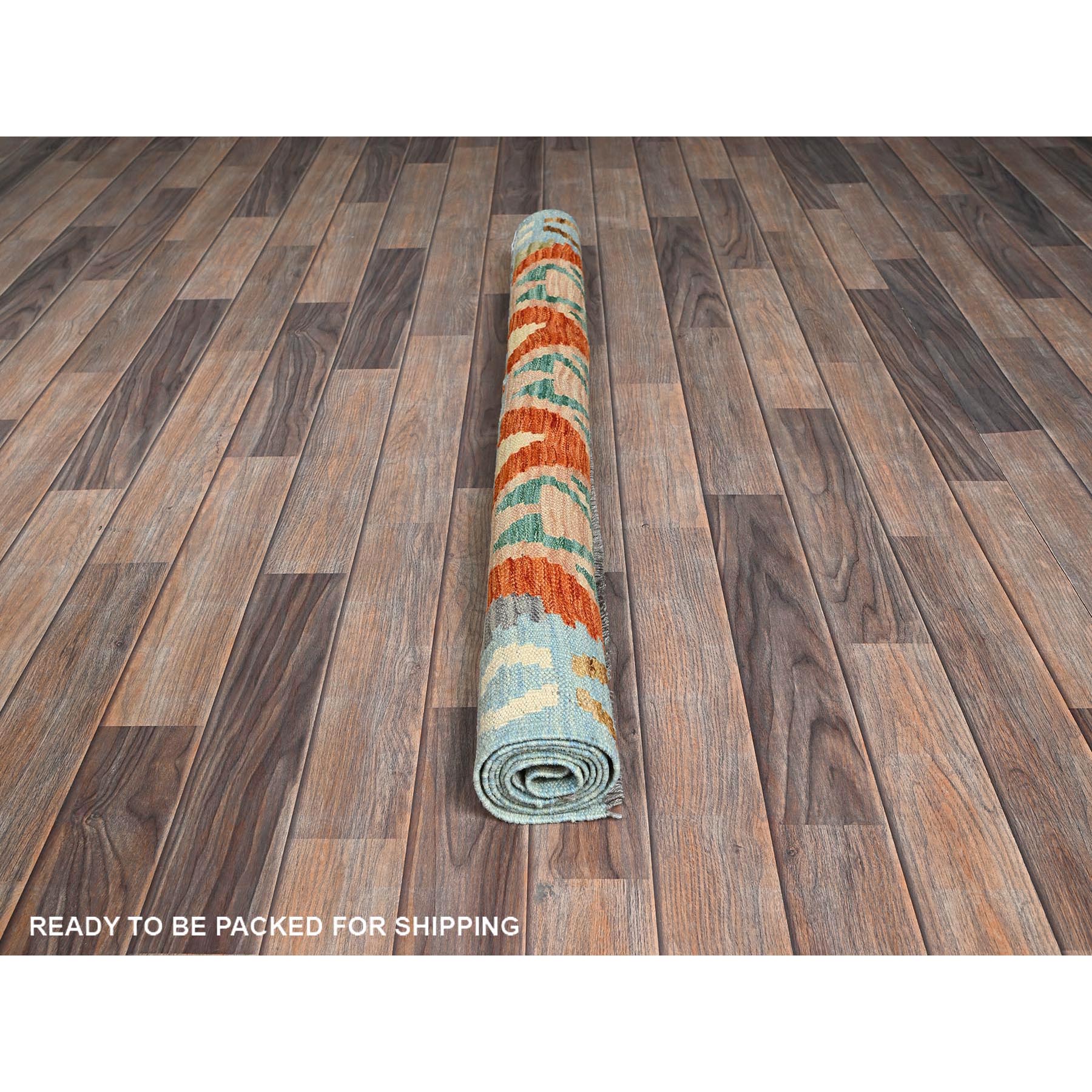4'x5'3" Alabaster White, Afghan Kilim with Colorful Geometric Pattern, Vegetable Dyes, Pure Wool, Flat Weave, Hand Woven, Reversible, Oriental Rug Sh1196