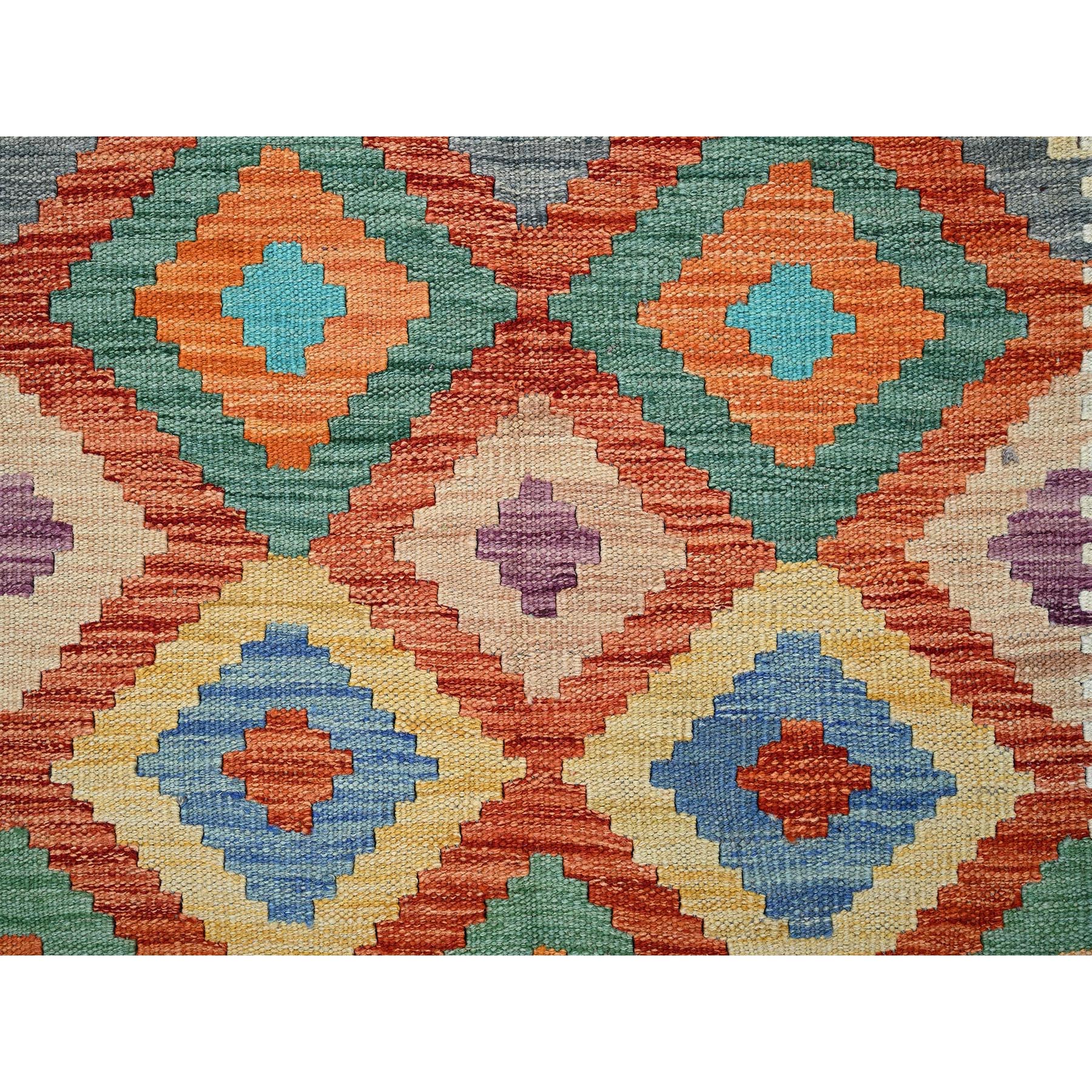 4'1"x5'9" Colorful Afghan Kilim with Geometric Pattern, Vegetable Dyes, Flat Weave, 100% Wool, Hand Woven, Reversible, Oriental Rug Sh1197