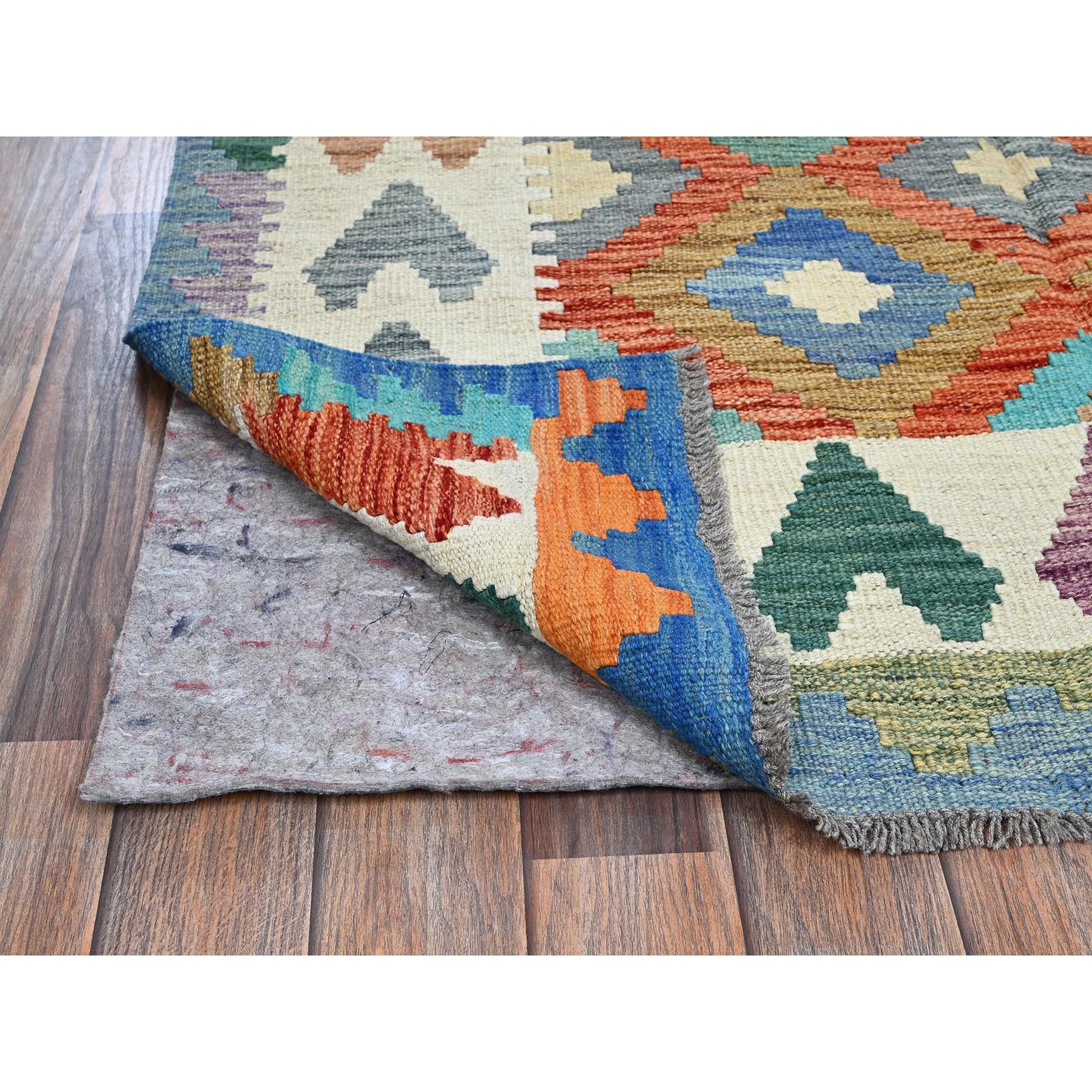 4'1"x5'9" Colorful Afghan Kilim with Geometric Pattern, Vegetable Dyes, Flat Weave, 100% Wool, Hand Woven, Reversible, Oriental Rug Sh1197