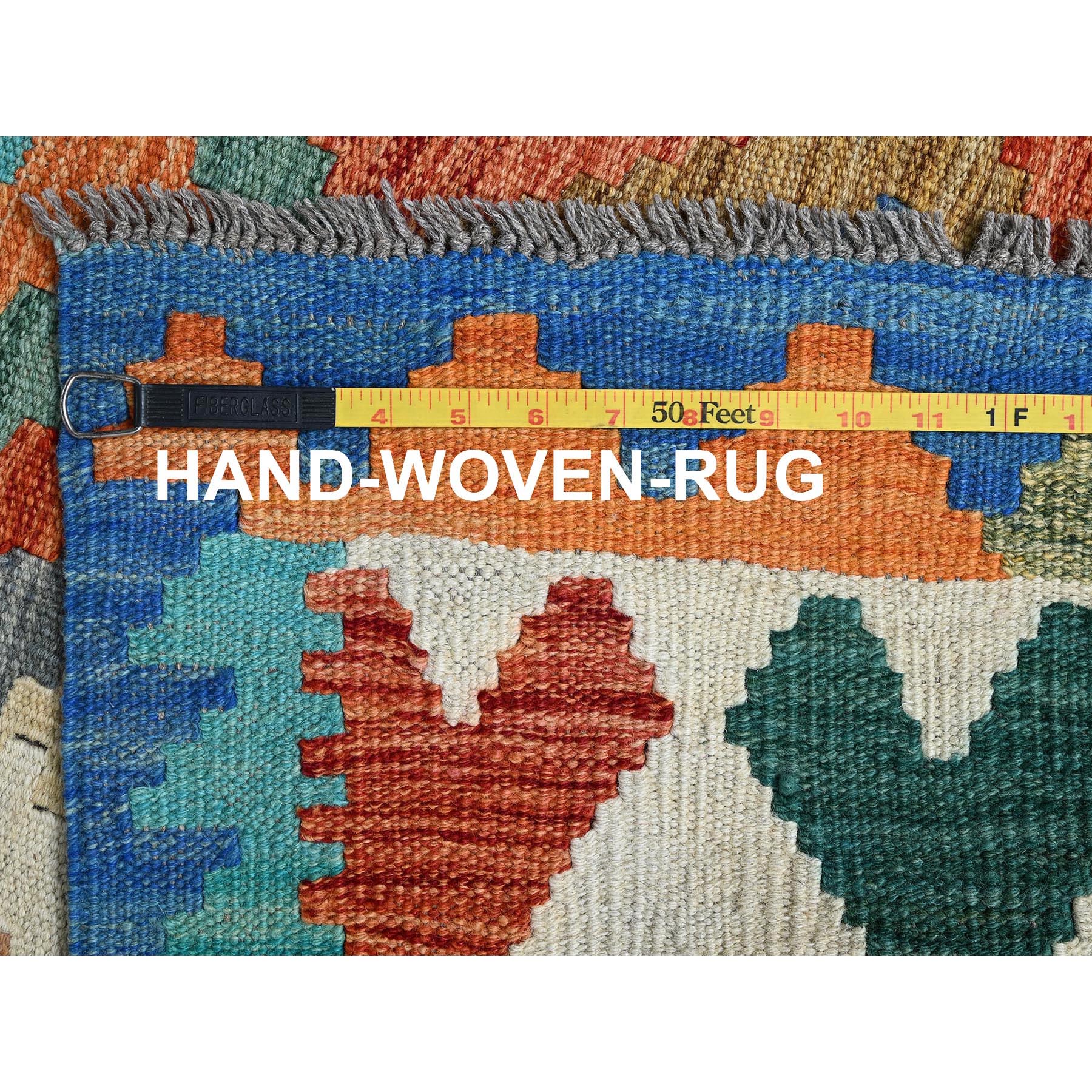 4'1"x5'9" Colorful Afghan Kilim with Geometric Pattern, Vegetable Dyes, Flat Weave, 100% Wool, Hand Woven, Reversible, Oriental Rug Sh1197