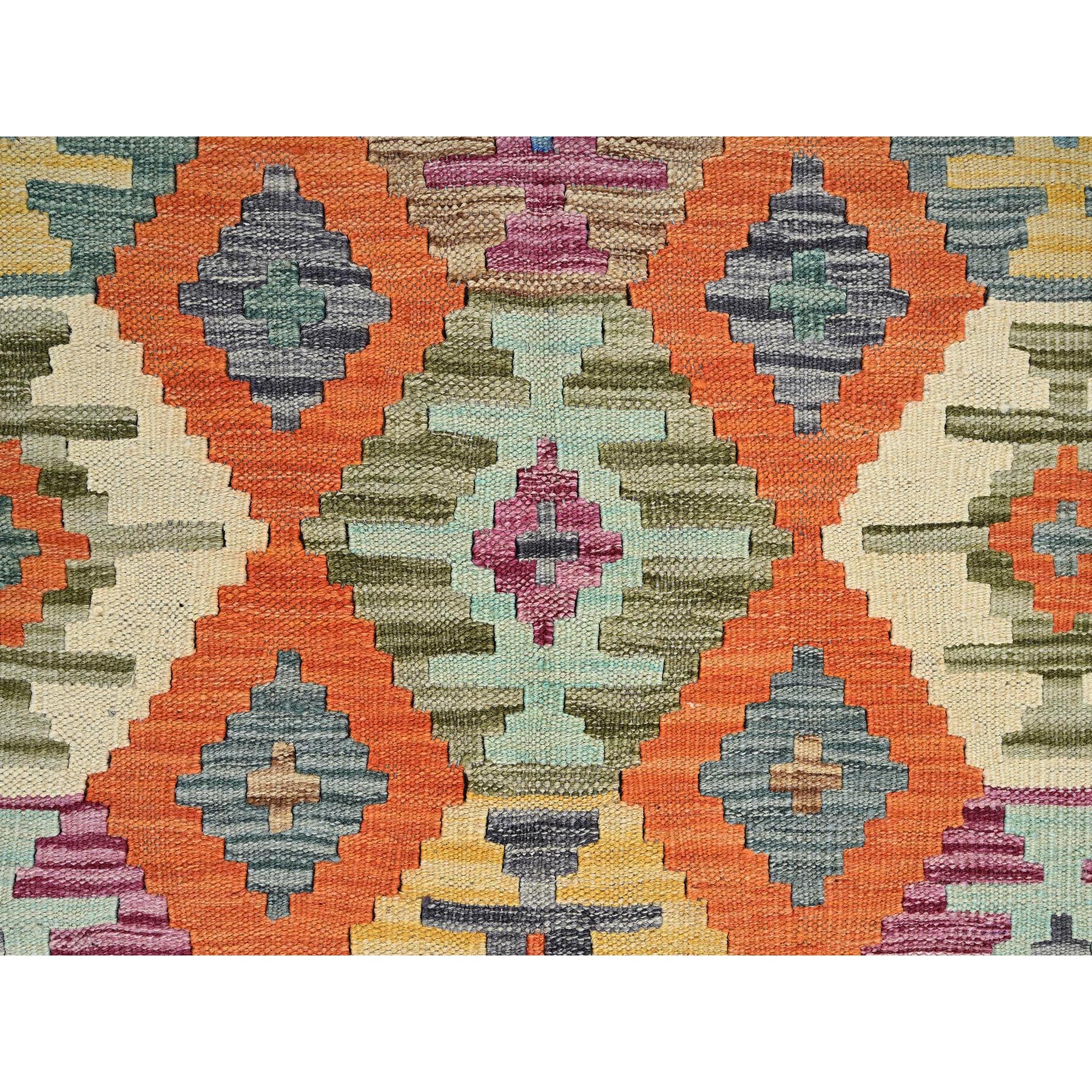4'x5'9" Colorful Afghan Kilim with Geometric Pattern, Vegetable Dyes, Pure Wool, Flat Weave, Hand Woven, Reversible, Oriental Rug Sh1198