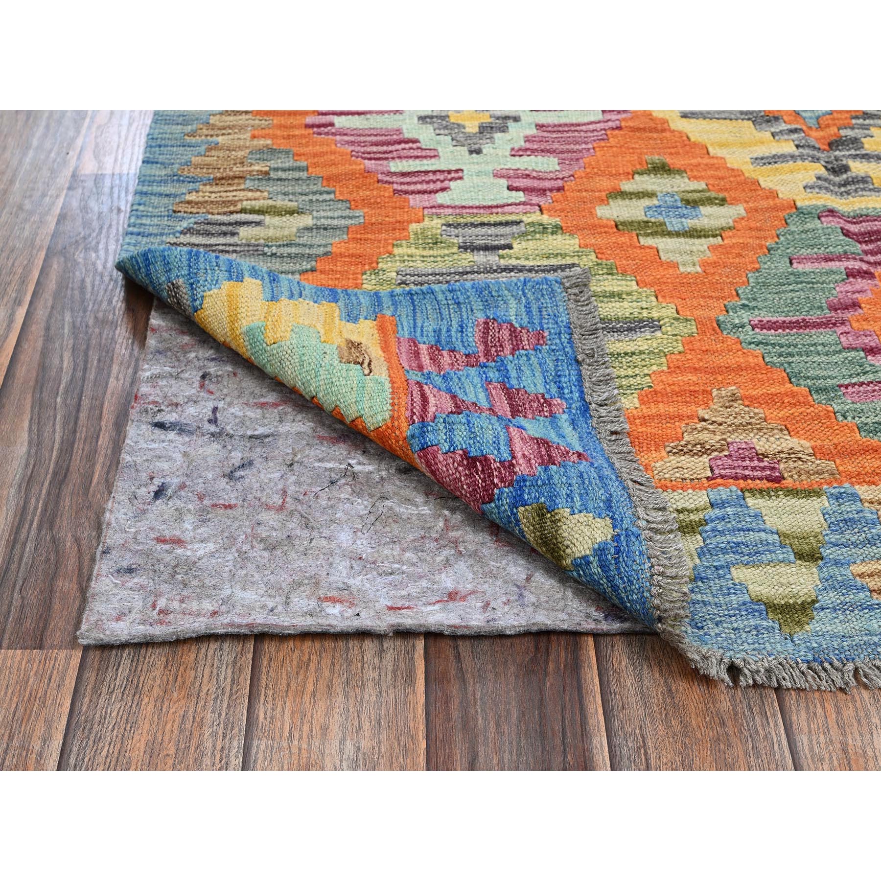 4'x5'9" Colorful Afghan Kilim with Geometric Pattern, Vegetable Dyes, Pure Wool, Flat Weave, Hand Woven, Reversible, Oriental Rug Sh1198