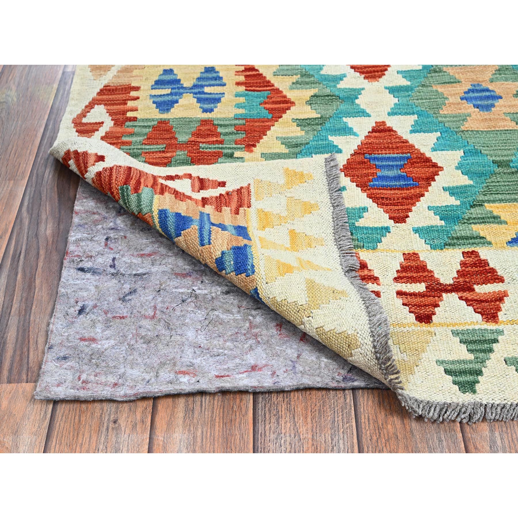 5'x6'8" Sapphire Blue, Flat Weave, Afghan Kilim with Colorful Geometric Pattern, Vegetable Dyes, Pure Wool, Hand Woven, Reversible, Oriental Rug Sh1199