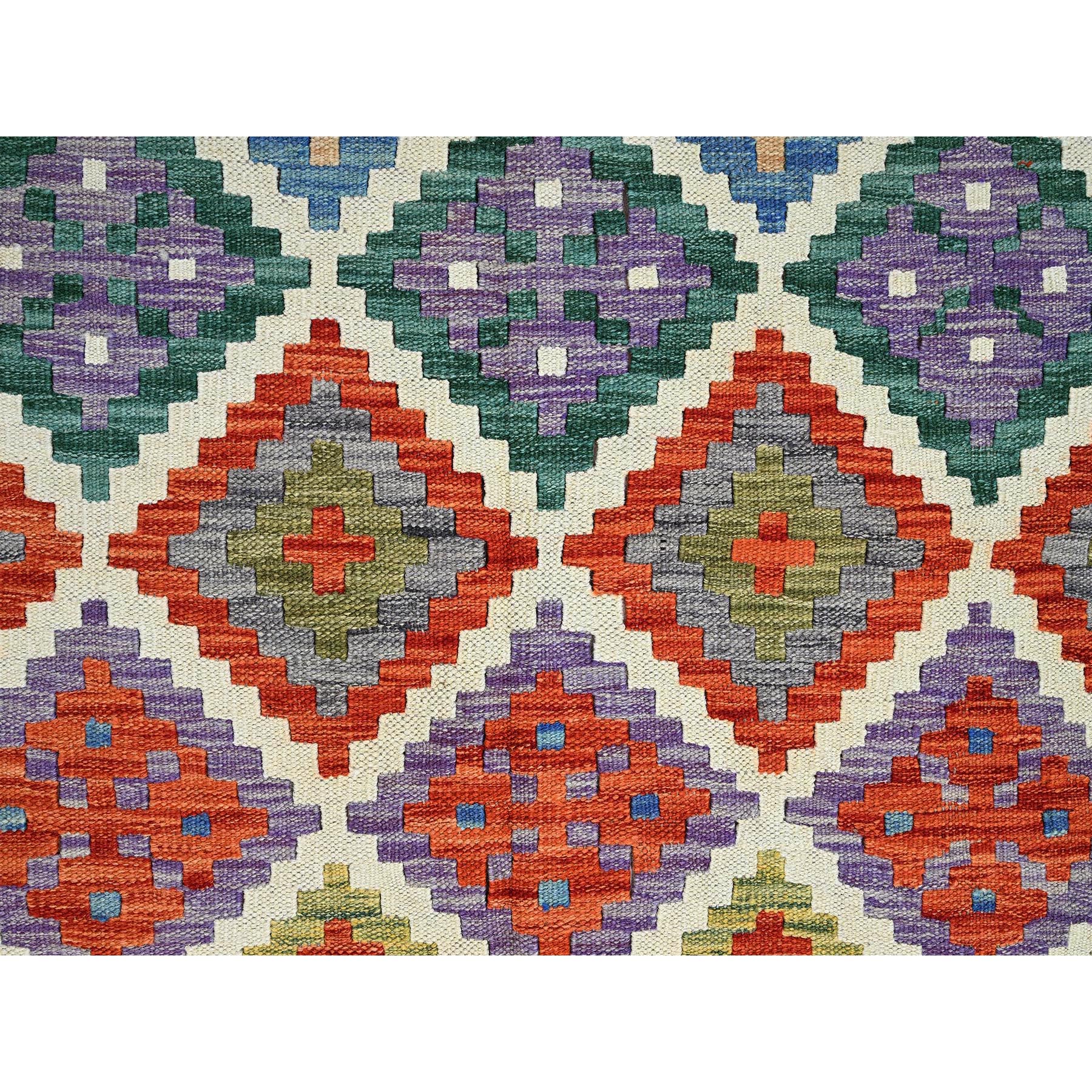 5'x6'7" Alabaster White, Afghan Kilim with Geometric Pattern, Vegetable Dyes, Pure Wool, Flat Weave, Hand Woven, Reversible, Oriental Rug Sh1201
