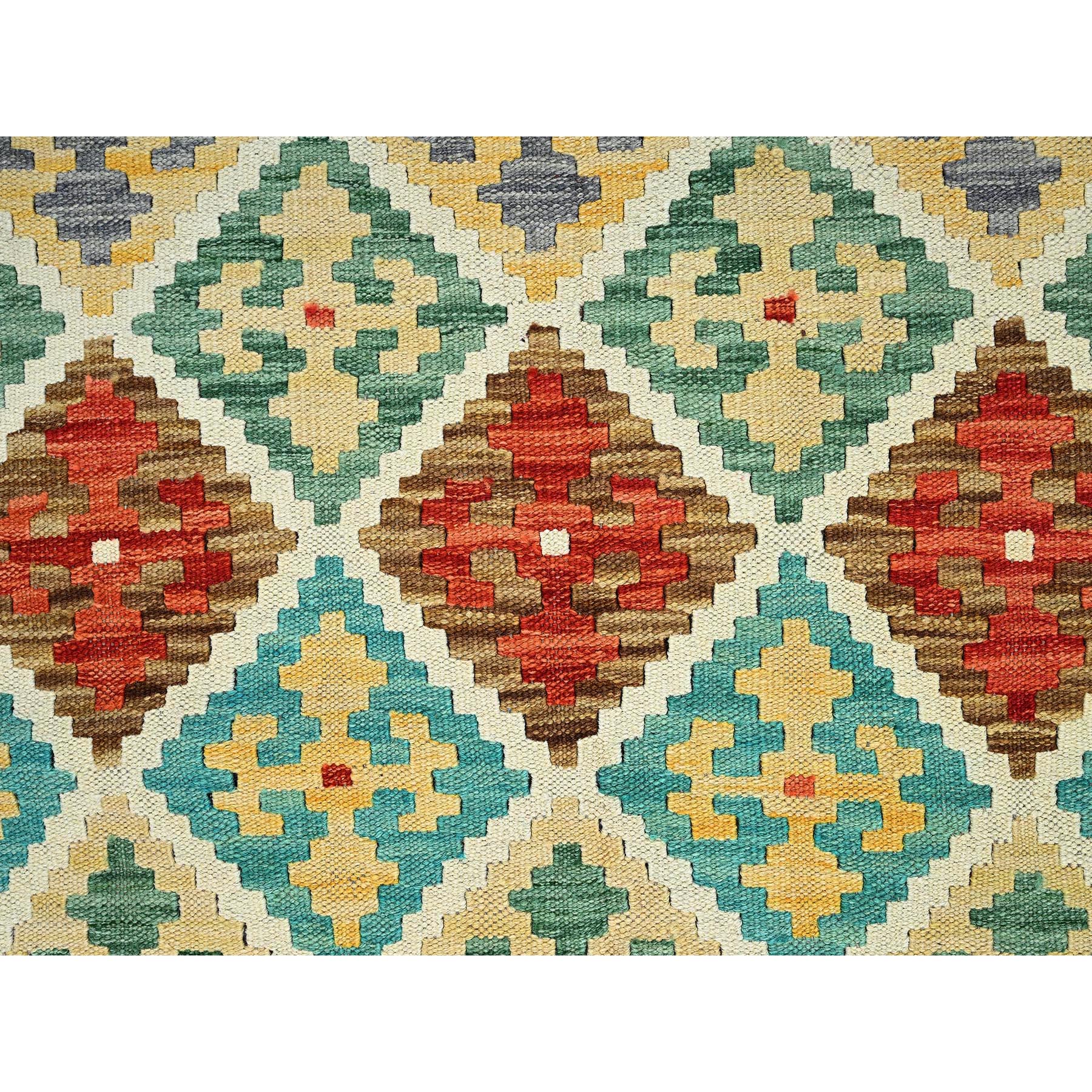 4'9"x6'7" Linen White, Afghan Kilim with Colorful Geometric Pattern, Vegetable Dyes, Pure Wool, Flat Weave, Hand Woven, Reversible, Oriental Rug Sh1202