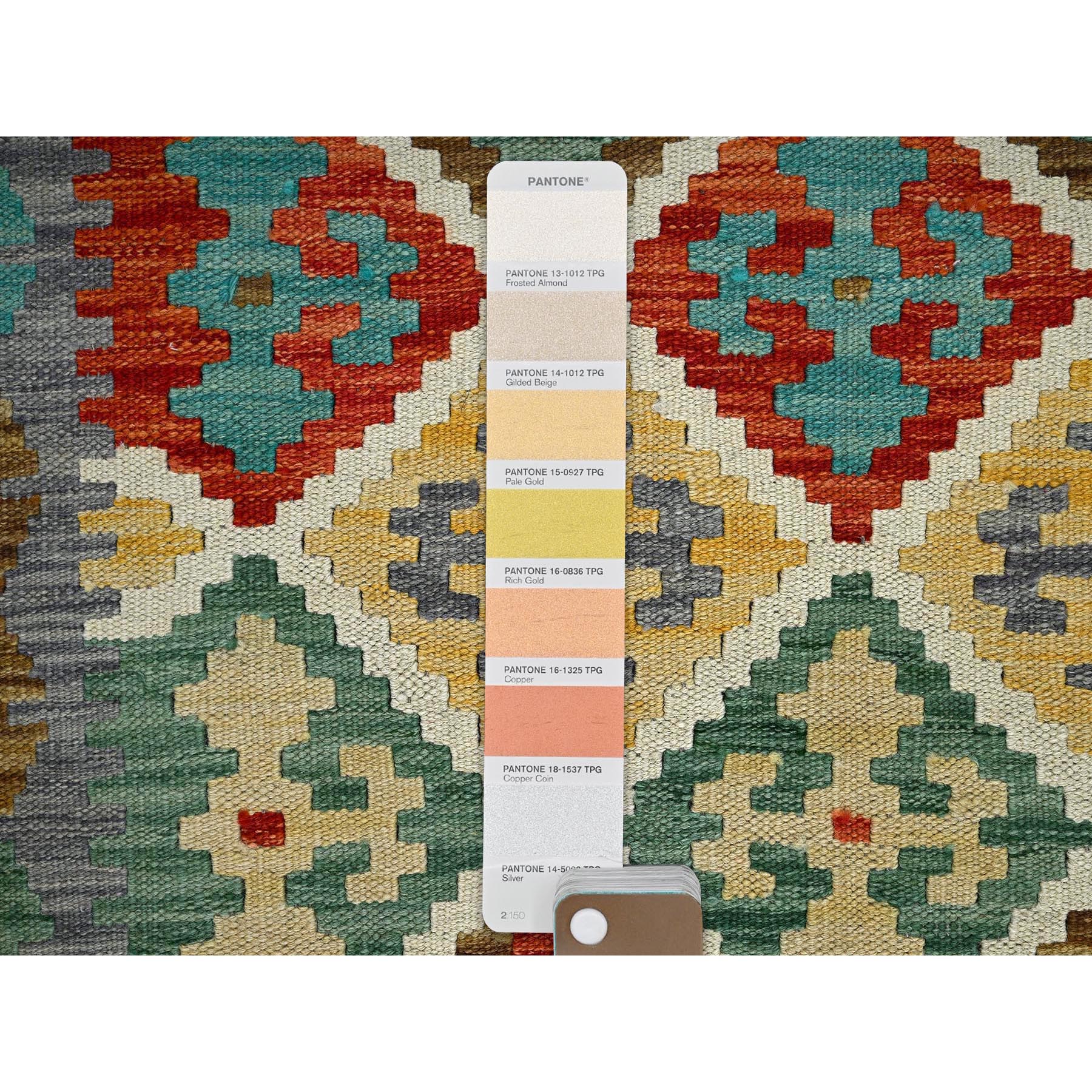 4'9"x6'7" Linen White, Afghan Kilim with Colorful Geometric Pattern, Vegetable Dyes, Pure Wool, Flat Weave, Hand Woven, Reversible, Oriental Rug Sh1202