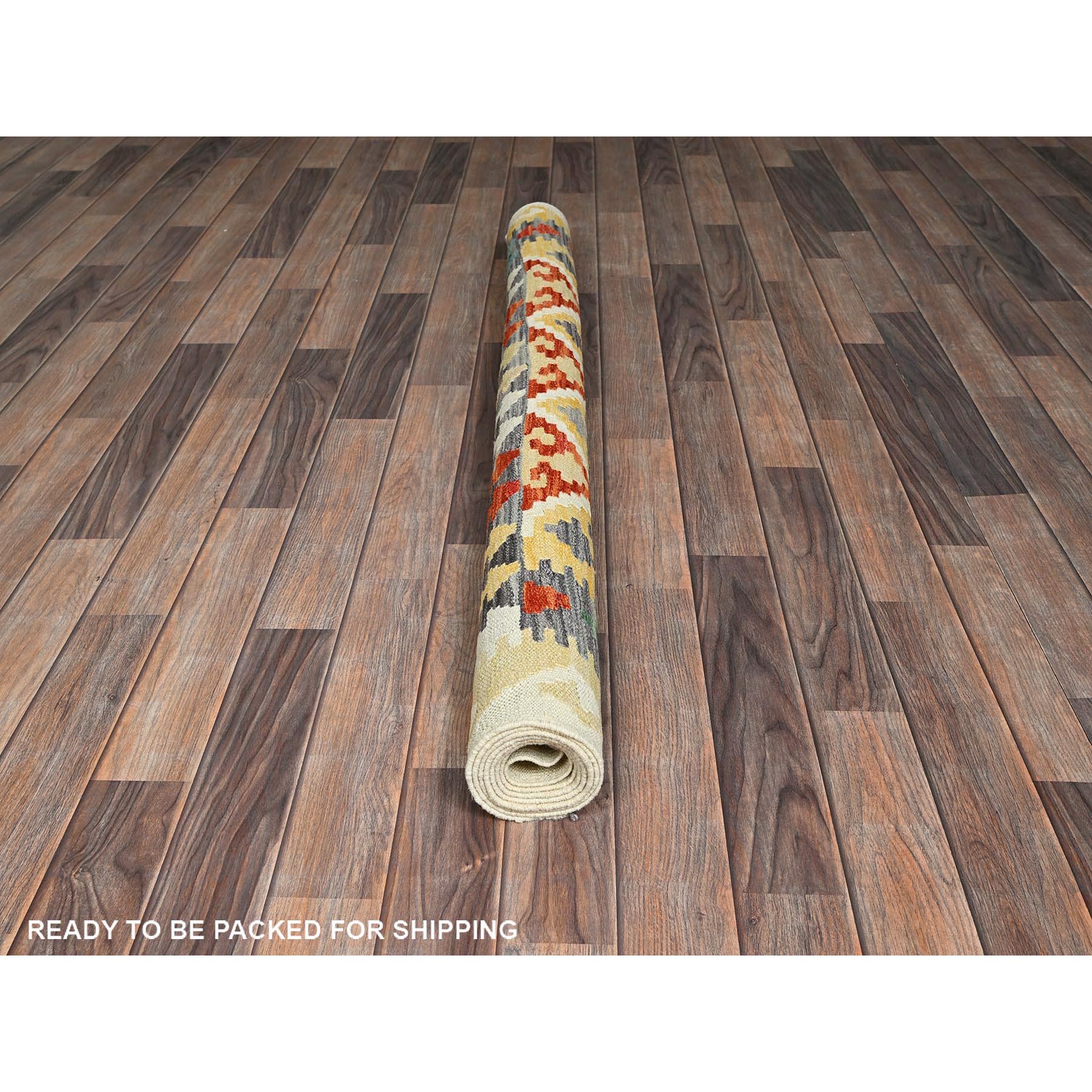 4'9"x6'7" Linen White, Afghan Kilim with Colorful Geometric Pattern, Vegetable Dyes, Pure Wool, Flat Weave, Hand Woven, Reversible, Oriental Rug Sh1202