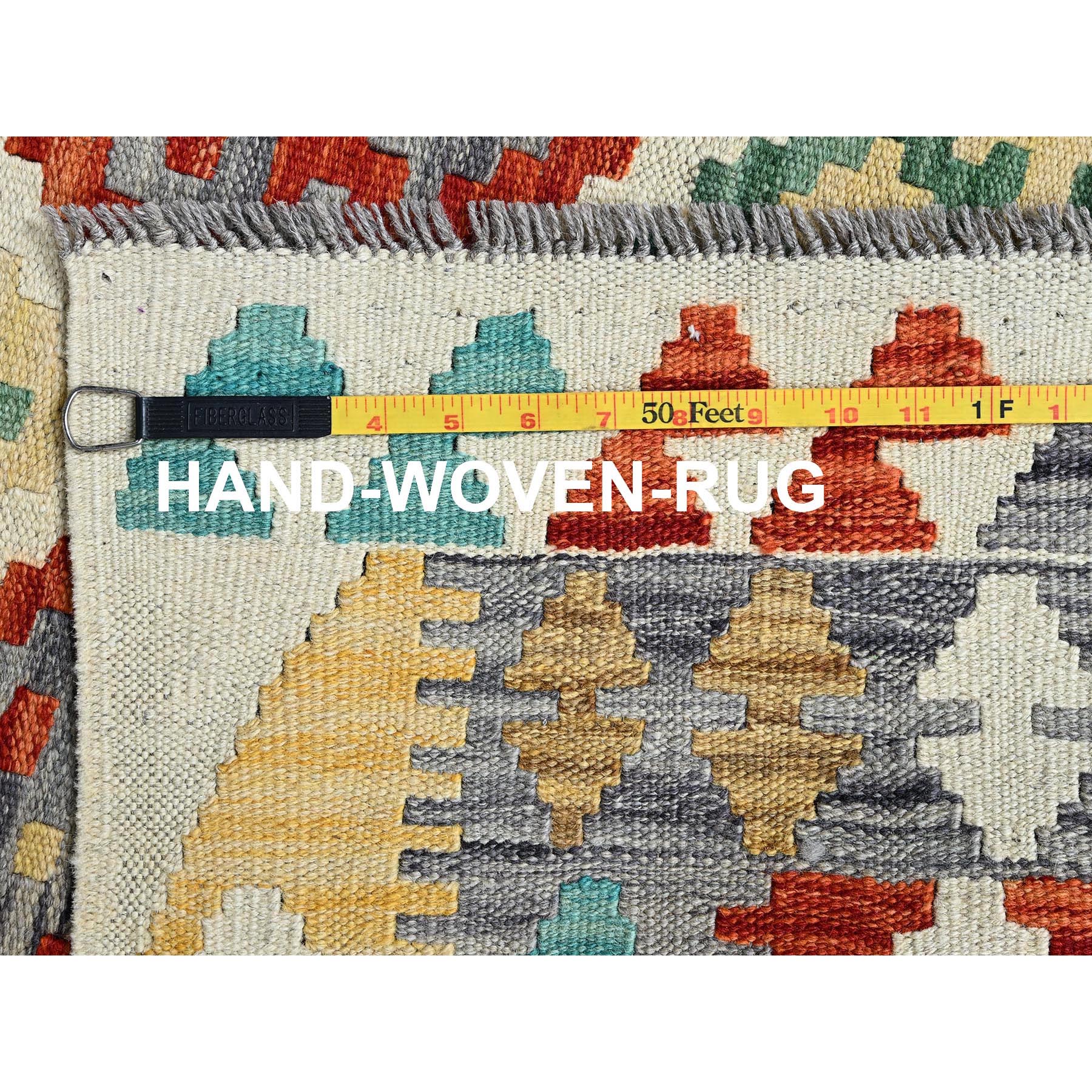 4'9"x6'7" Linen White, Afghan Kilim with Colorful Geometric Pattern, Vegetable Dyes, Pure Wool, Flat Weave, Hand Woven, Reversible, Oriental Rug Sh1202