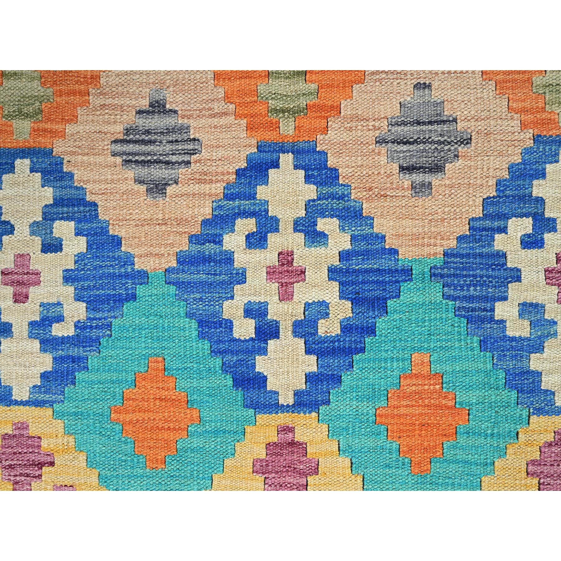 5'x6'4" Cobalt Blue, Afghan Kilim with Colorful Geometric Pattern, Vegetable Dyes, Pure Wool, Hand Woven, Flat Weave, Reversible, Oriental Rug Sh1203