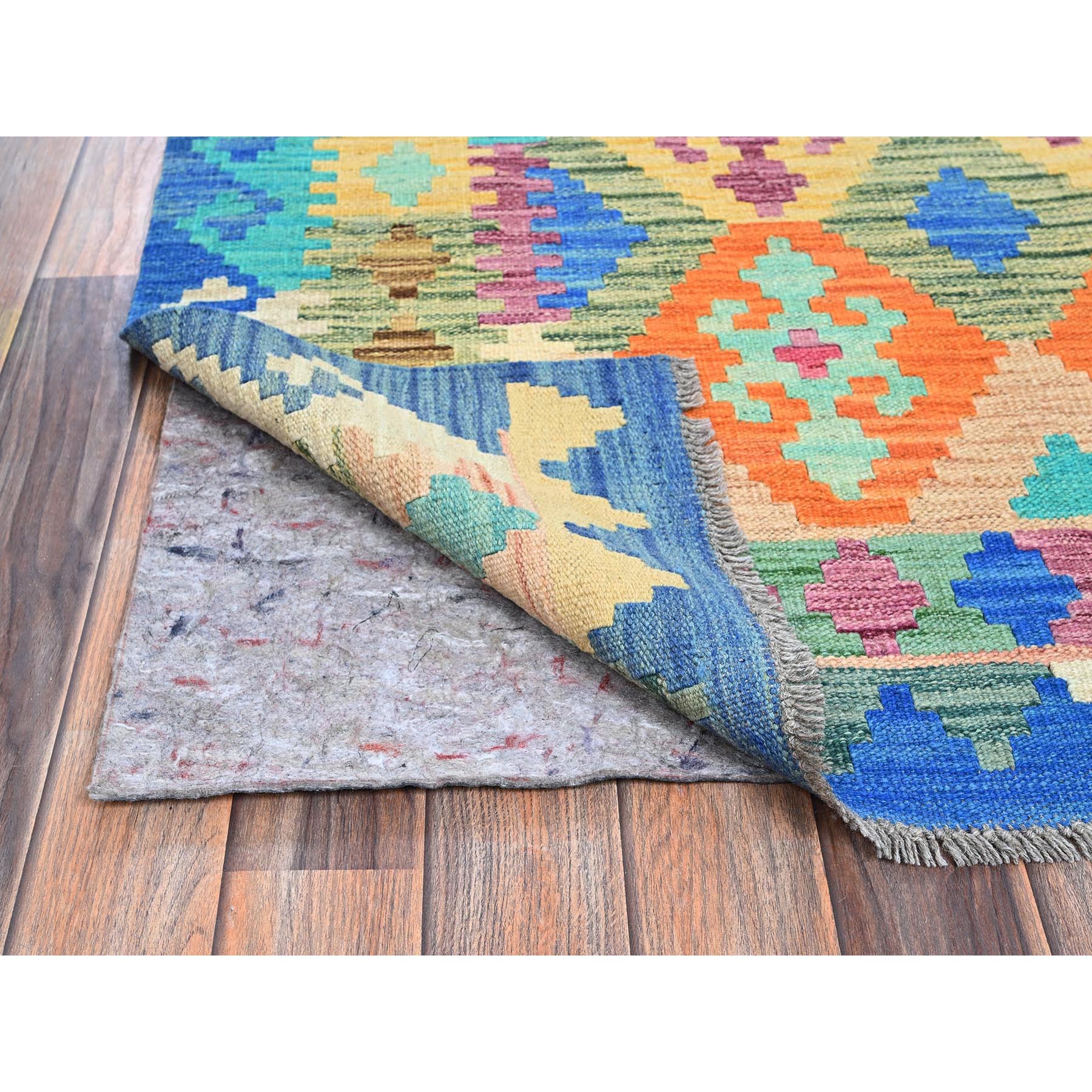5'x6'4" Cobalt Blue, Afghan Kilim with Colorful Geometric Pattern, Vegetable Dyes, Pure Wool, Hand Woven, Flat Weave, Reversible, Oriental Rug Sh1203