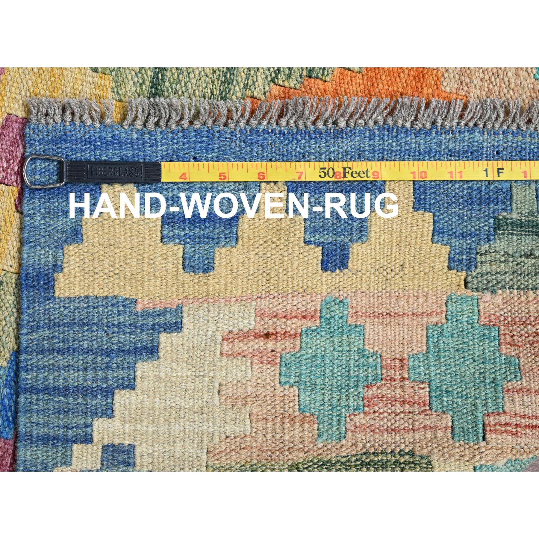 5'x6'4" Cobalt Blue, Afghan Kilim with Colorful Geometric Pattern, Vegetable Dyes, Pure Wool, Hand Woven, Flat Weave, Reversible, Oriental Rug Sh1203