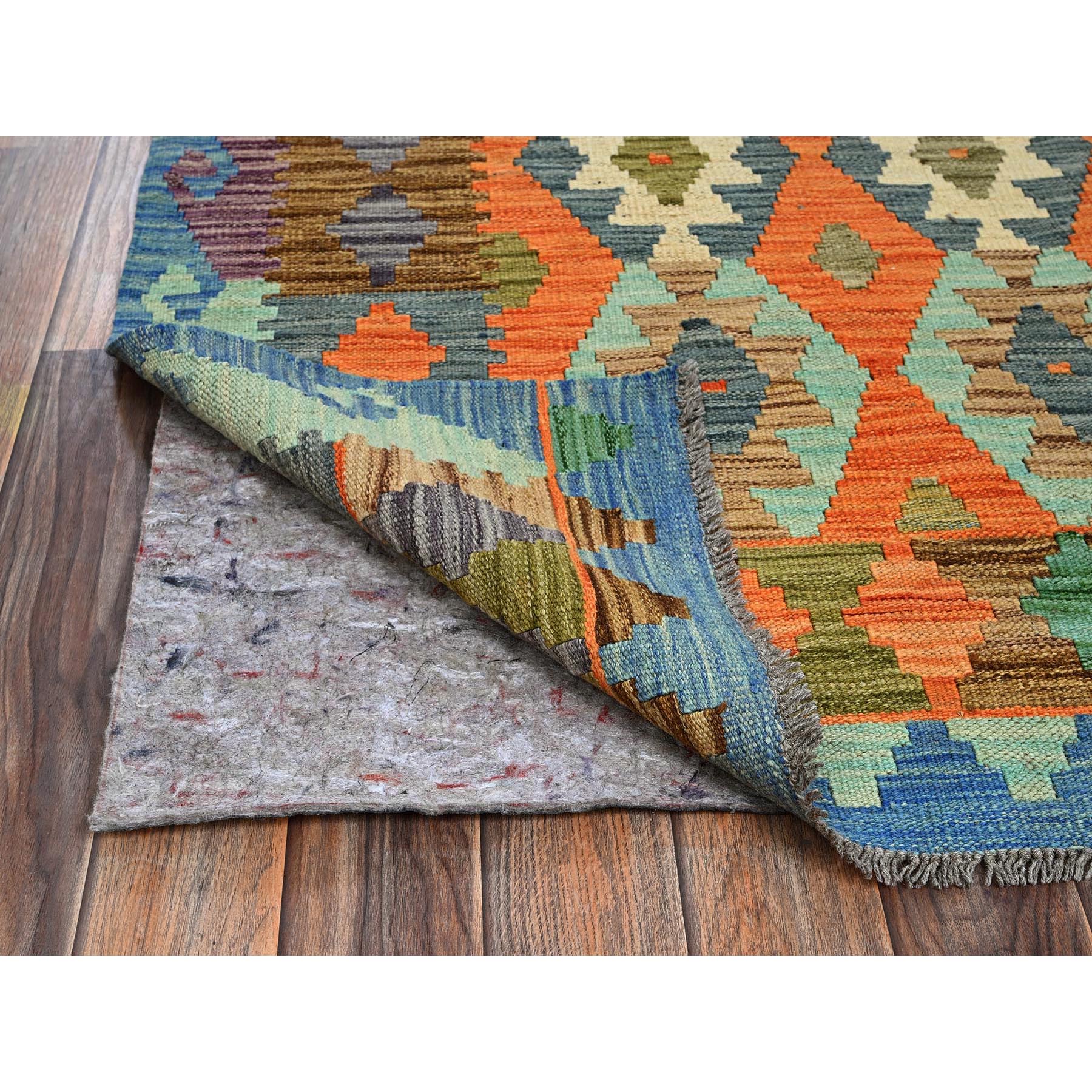 5'x6'4" Burnt Orange, Afghan Kilim with Colorful Geometric Pattern, Vegetable Dyes, Pure Wool, Hand Woven, Flat Weave, Reversible, Oriental Rug Sh1206