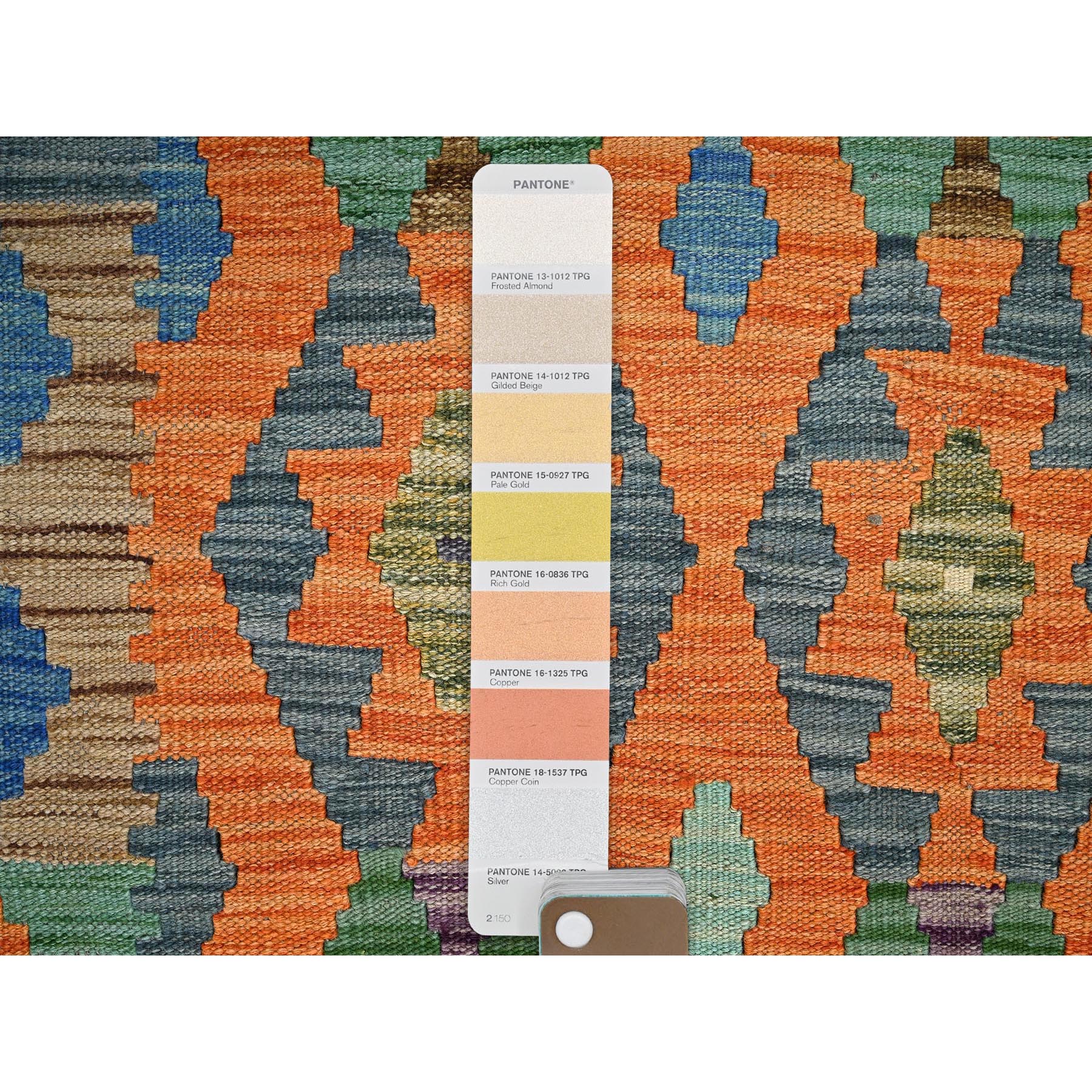 5'x6'4" Burnt Orange, Afghan Kilim with Colorful Geometric Pattern, Vegetable Dyes, Pure Wool, Hand Woven, Flat Weave, Reversible, Oriental Rug Sh1206