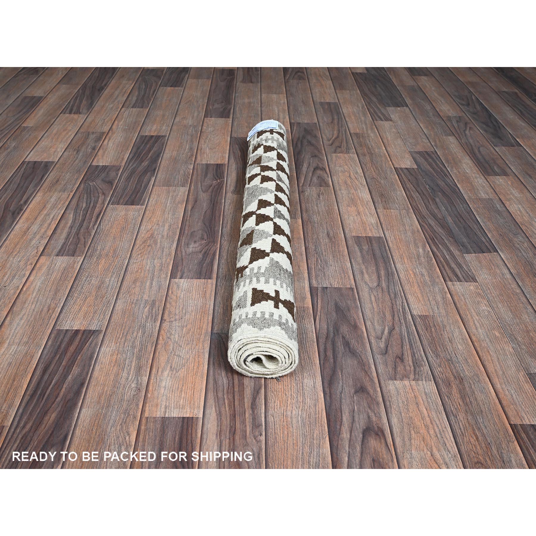 3'4"x4'9" Pearl White, Afghan Kilim with Geometric Pattern, Undyed Natural Wool, Hand Woven, Flat Weave, Reversible, Oriental Rug Sh1208