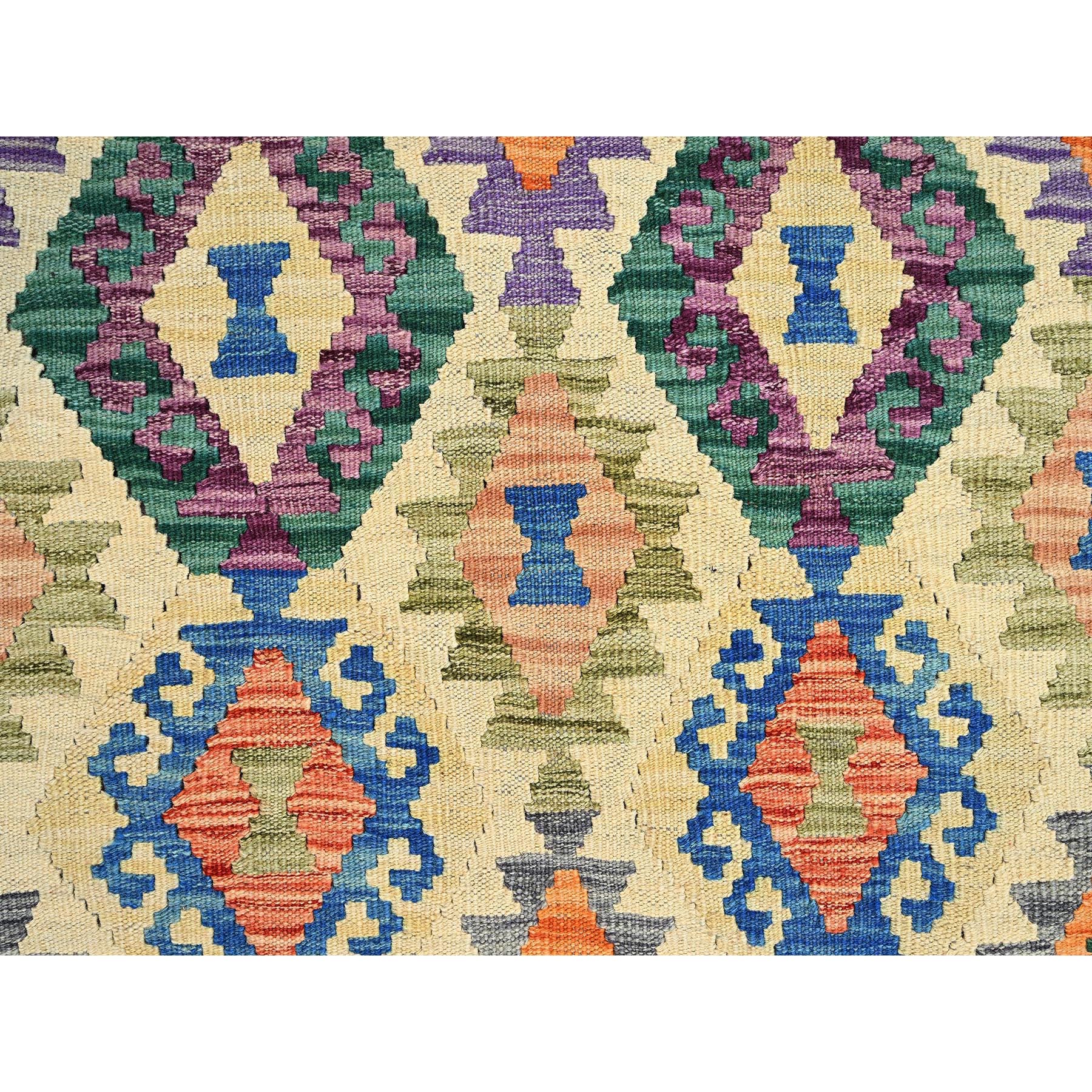 8'8"x9'7" Chiffon White, Afghan Kilim with Colorful Geometric Pattern, Vegetable Dyes, Pure Wool, Hand Woven, Flat Weave, Reversible, Oriental Rug Sh1215