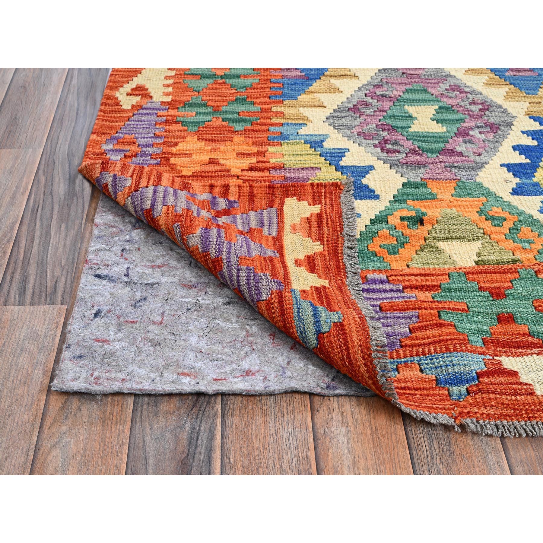 8'8"x9'7" Chiffon White, Afghan Kilim with Colorful Geometric Pattern, Vegetable Dyes, Pure Wool, Hand Woven, Flat Weave, Reversible, Oriental Rug Sh1215