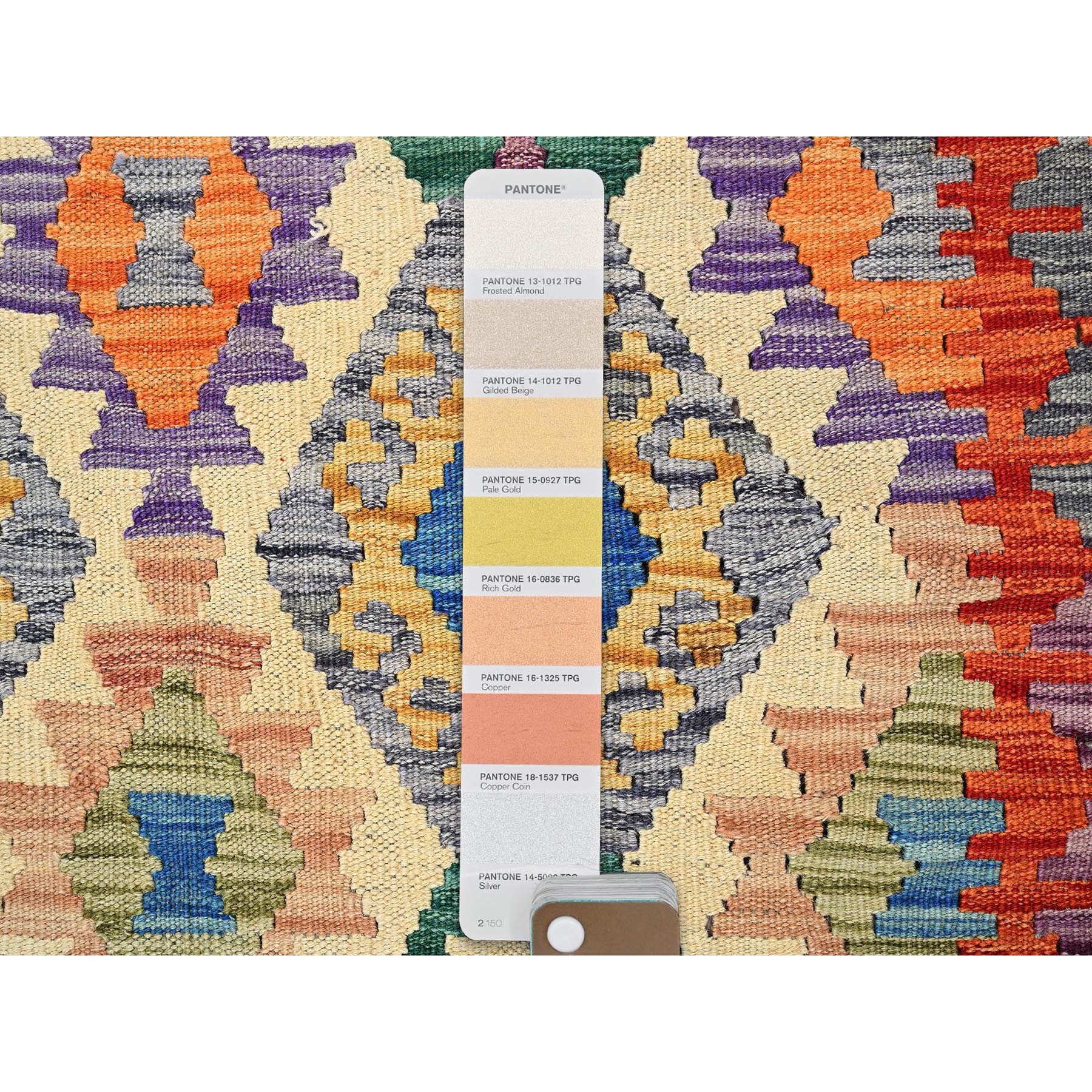 8'8"x9'7" Chiffon White, Afghan Kilim with Colorful Geometric Pattern, Vegetable Dyes, Pure Wool, Hand Woven, Flat Weave, Reversible, Oriental Rug Sh1215