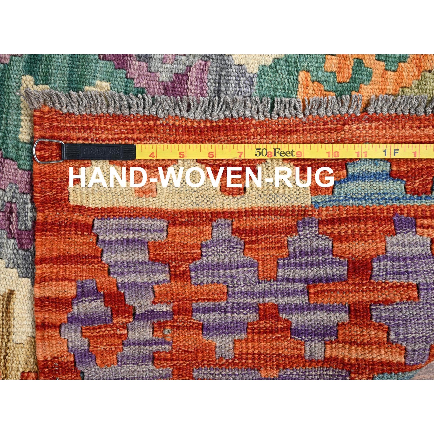 8'8"x9'7" Chiffon White, Afghan Kilim with Colorful Geometric Pattern, Vegetable Dyes, Pure Wool, Hand Woven, Flat Weave, Reversible, Oriental Rug Sh1215