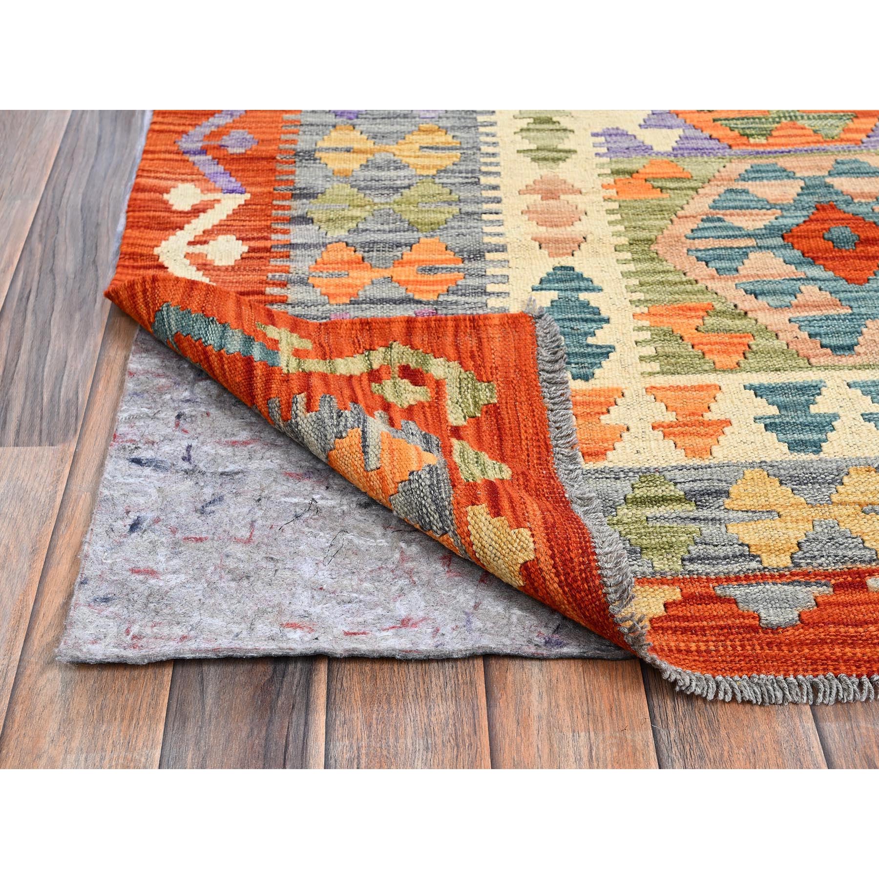 8'5"x11'2" Lace White, Afghan Kilim with Colorful Geometric Pattern, Vegetable Dyes, Flat Weave, Pure Wool, Hand Woven, Reversible, Oriental Rug Sh1216