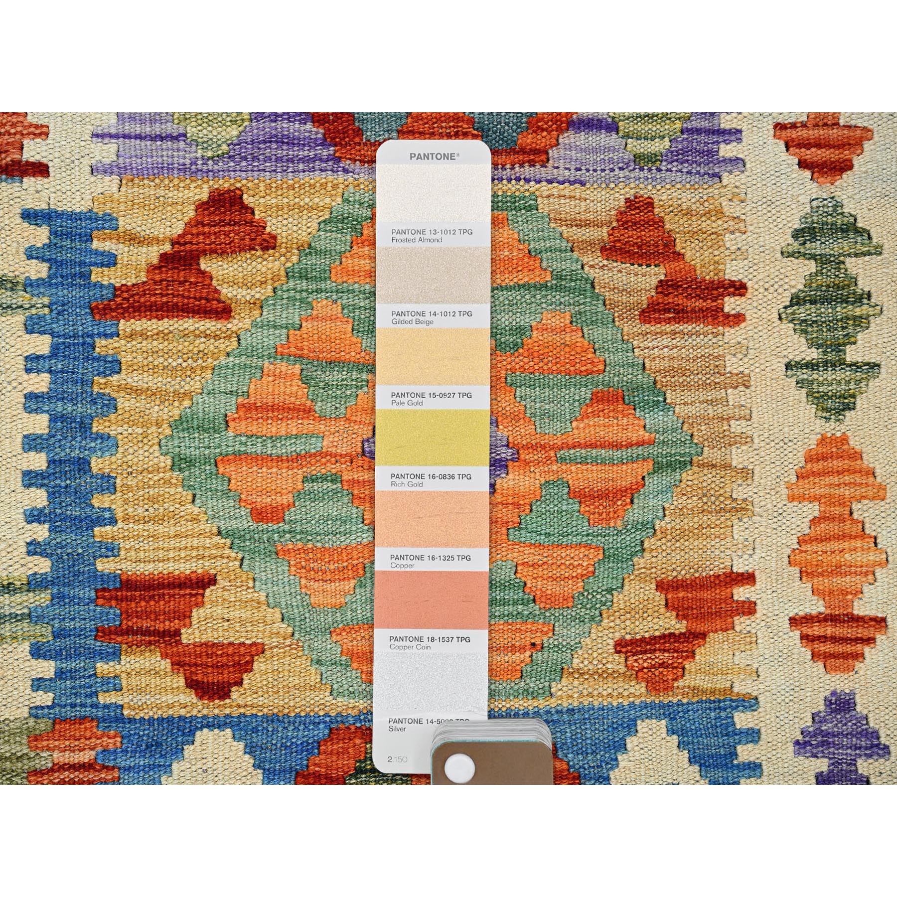 8'5"x11'2" Lace White, Afghan Kilim with Colorful Geometric Pattern, Vegetable Dyes, Flat Weave, Pure Wool, Hand Woven, Reversible, Oriental Rug Sh1216