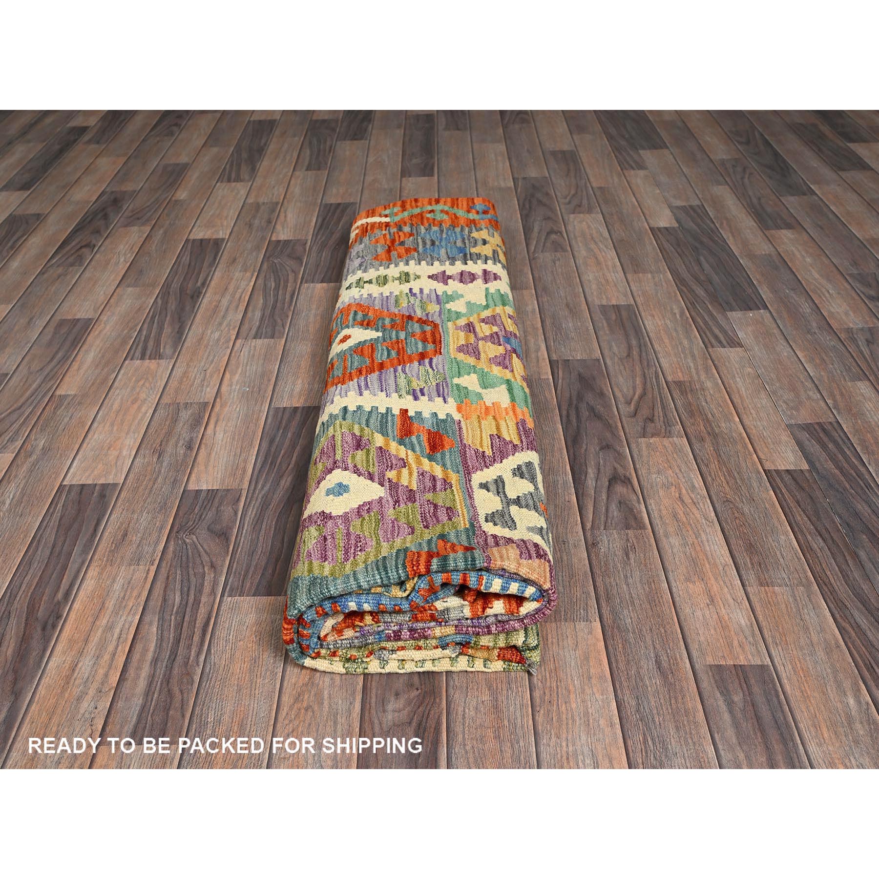 8'5"x11'2" Lace White, Afghan Kilim with Colorful Geometric Pattern, Vegetable Dyes, Flat Weave, Pure Wool, Hand Woven, Reversible, Oriental Rug Sh1216