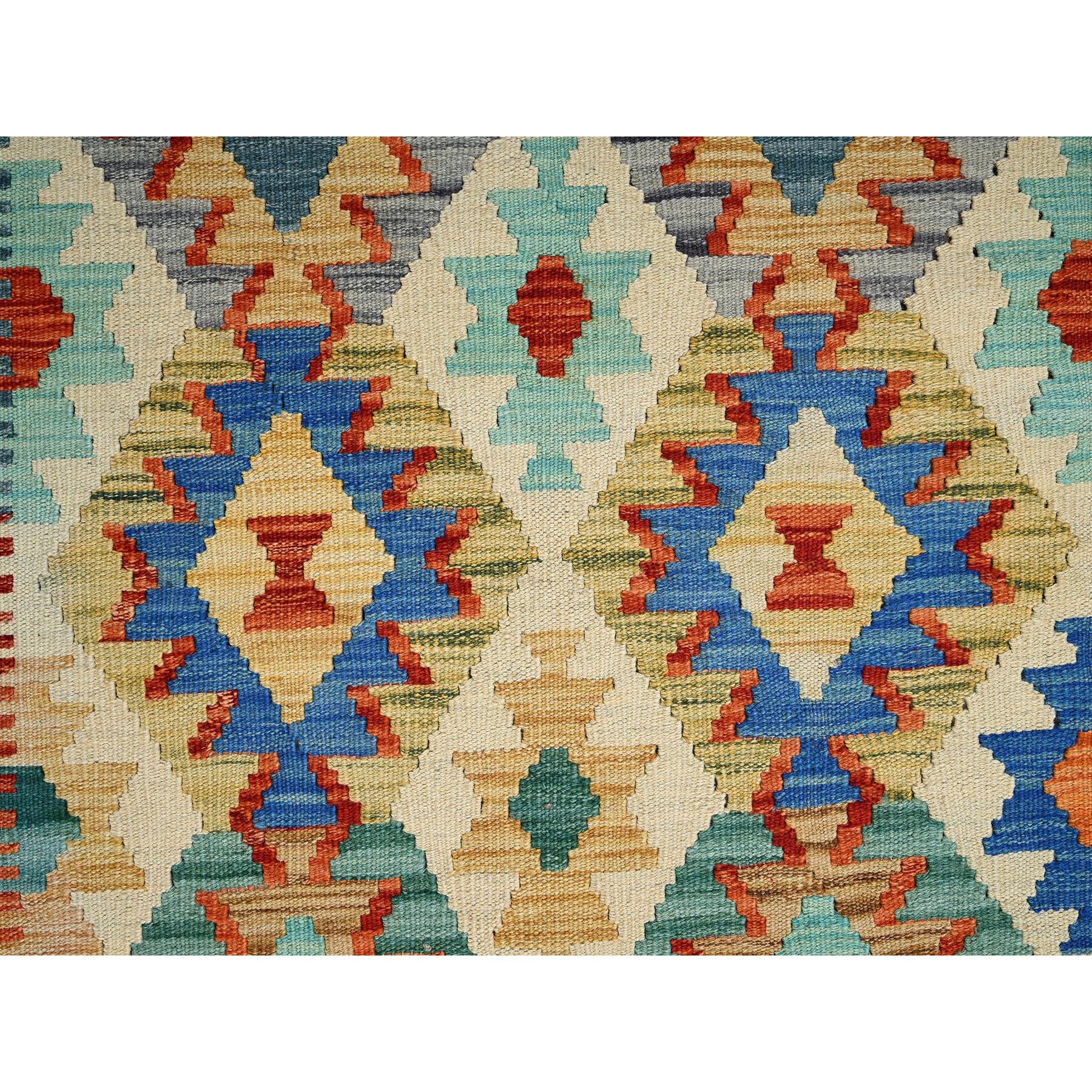 8'4"x11'5" Chiffon White, Flat Weave, Afghan Kilim with Colorful Geometric Pattern, Vegetable Dyes, Pure Wool, Hand Woven, Reversible, Oriental Rug Sh1217