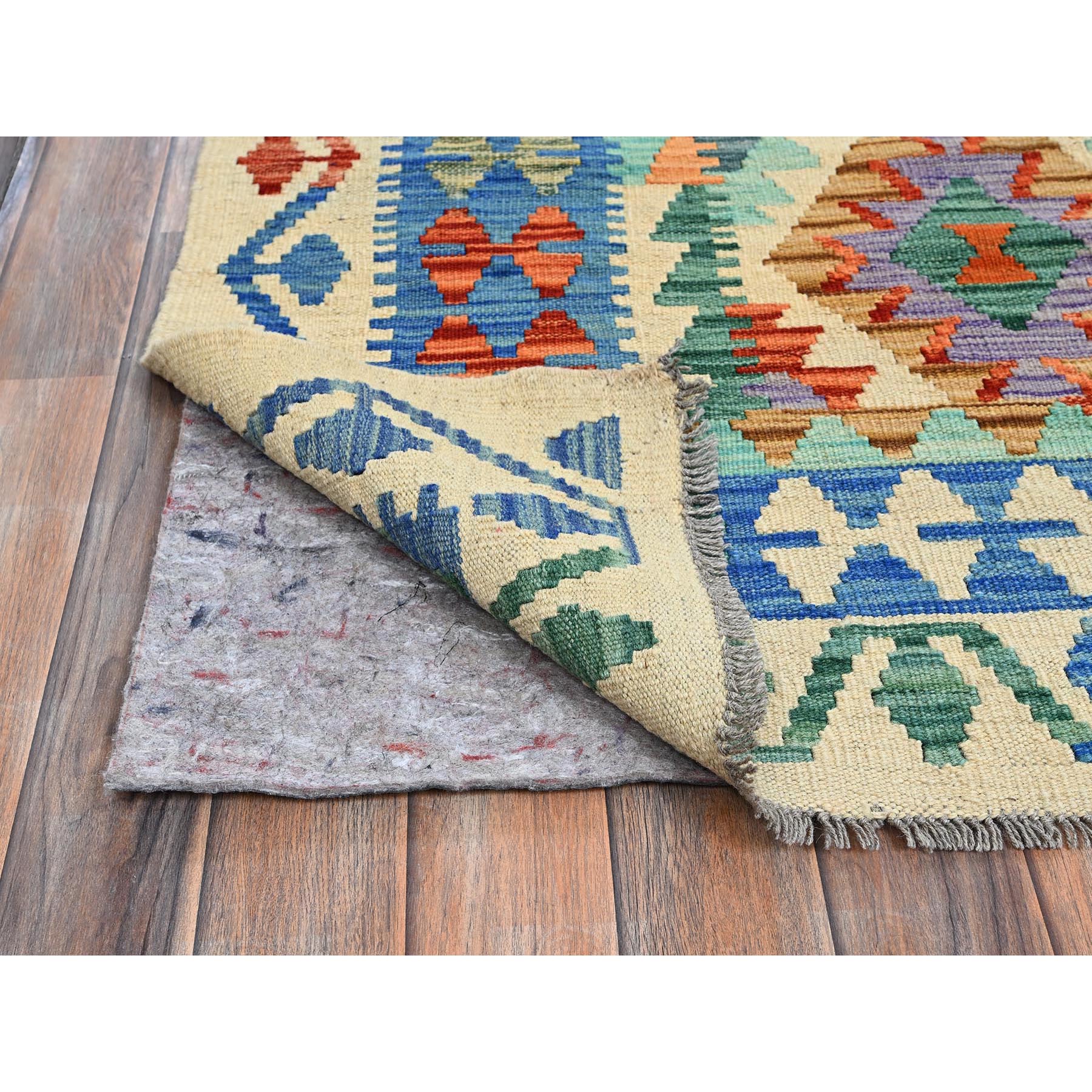 8'4"x11'5" Chiffon White, Flat Weave, Afghan Kilim with Colorful Geometric Pattern, Vegetable Dyes, Pure Wool, Hand Woven, Reversible, Oriental Rug Sh1217