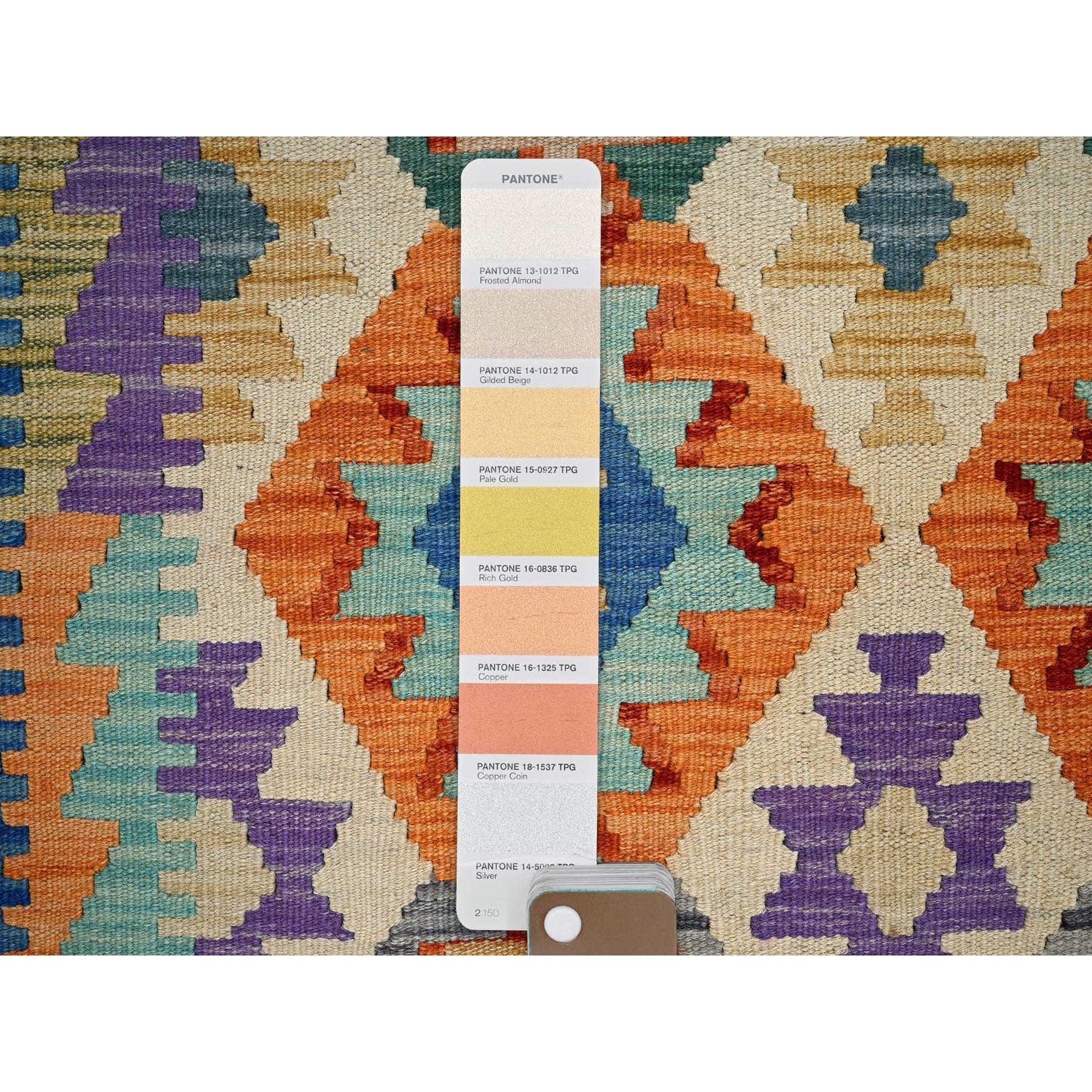 8'4"x11'5" Chiffon White, Flat Weave, Afghan Kilim with Colorful Geometric Pattern, Vegetable Dyes, Pure Wool, Hand Woven, Reversible, Oriental Rug Sh1217