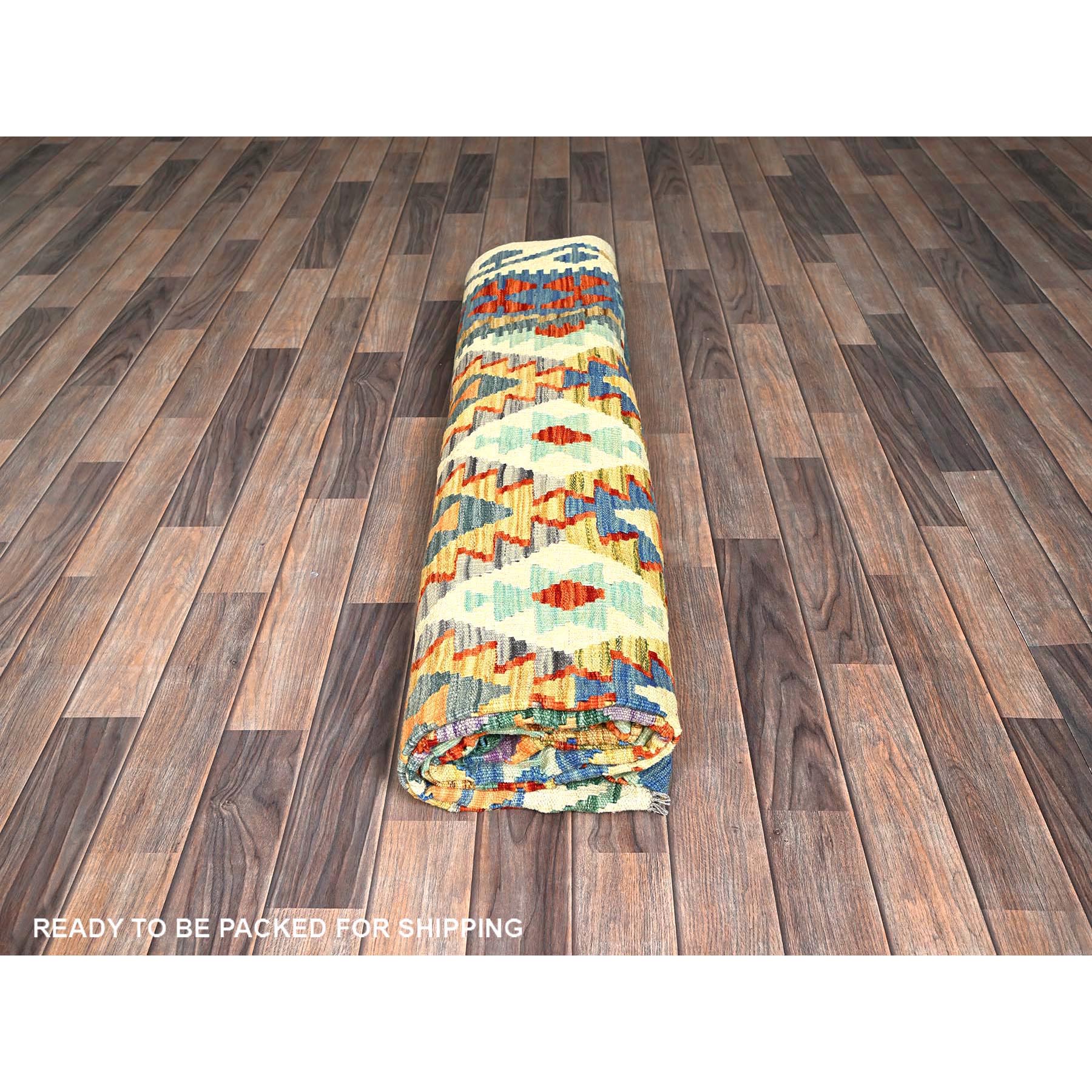 8'4"x11'5" Chiffon White, Flat Weave, Afghan Kilim with Colorful Geometric Pattern, Vegetable Dyes, Pure Wool, Hand Woven, Reversible, Oriental Rug Sh1217