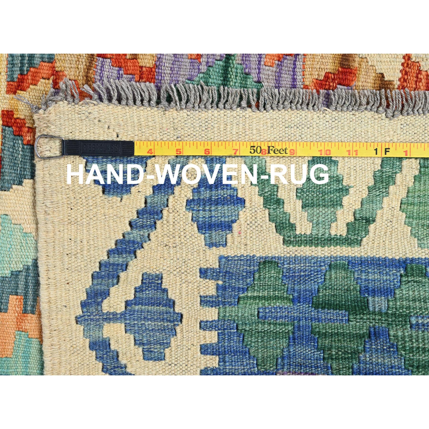 8'4"x11'5" Chiffon White, Flat Weave, Afghan Kilim with Colorful Geometric Pattern, Vegetable Dyes, Pure Wool, Hand Woven, Reversible, Oriental Rug Sh1217