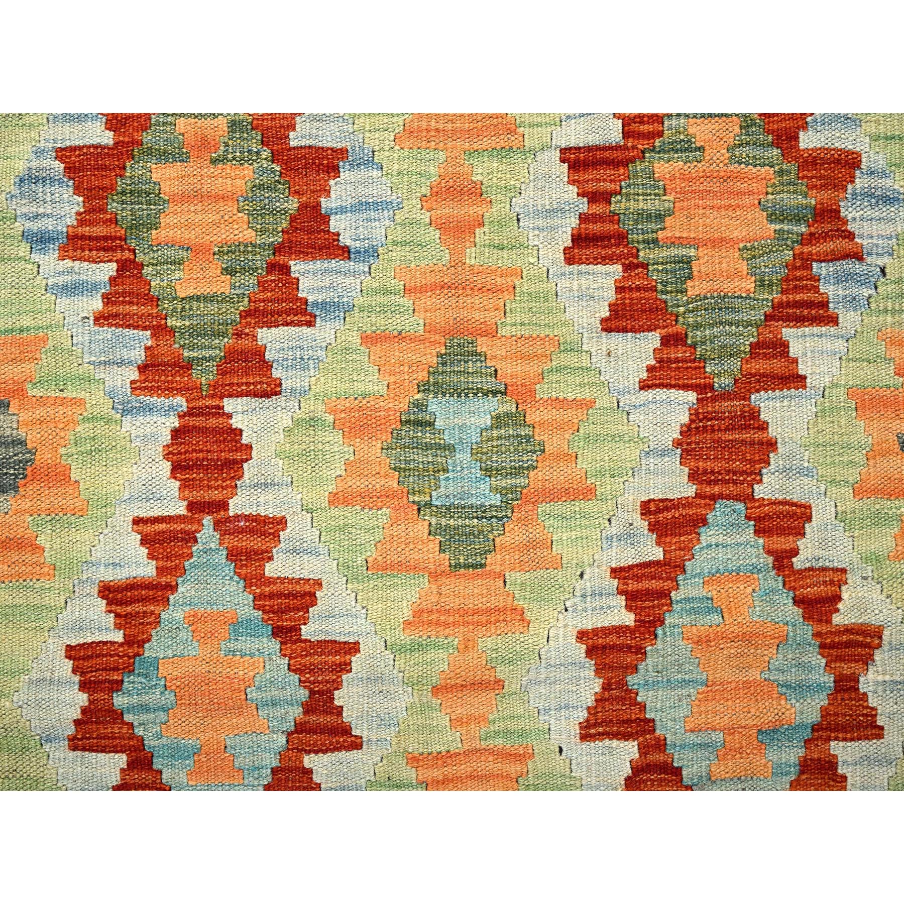 2'7"x7'9" Frosted Almond White, Afghan Kilim with Colorful Geometric Pattern, 100% Wool, Vegetable Dyes, Flat Weave, Hand Woven, Reversible, Runner, Oriental Rug Sh1218