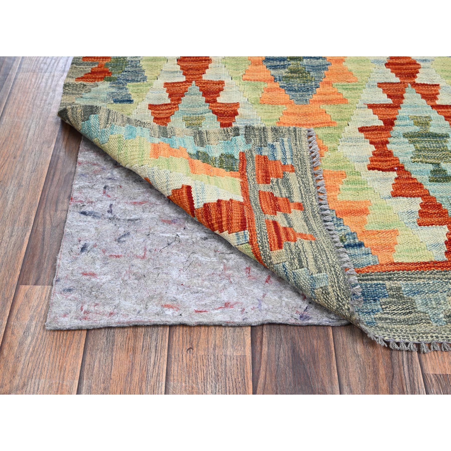 2'7"x7'9" Frosted Almond White, Afghan Kilim with Colorful Geometric Pattern, 100% Wool, Vegetable Dyes, Flat Weave, Hand Woven, Reversible, Runner, Oriental Rug Sh1218