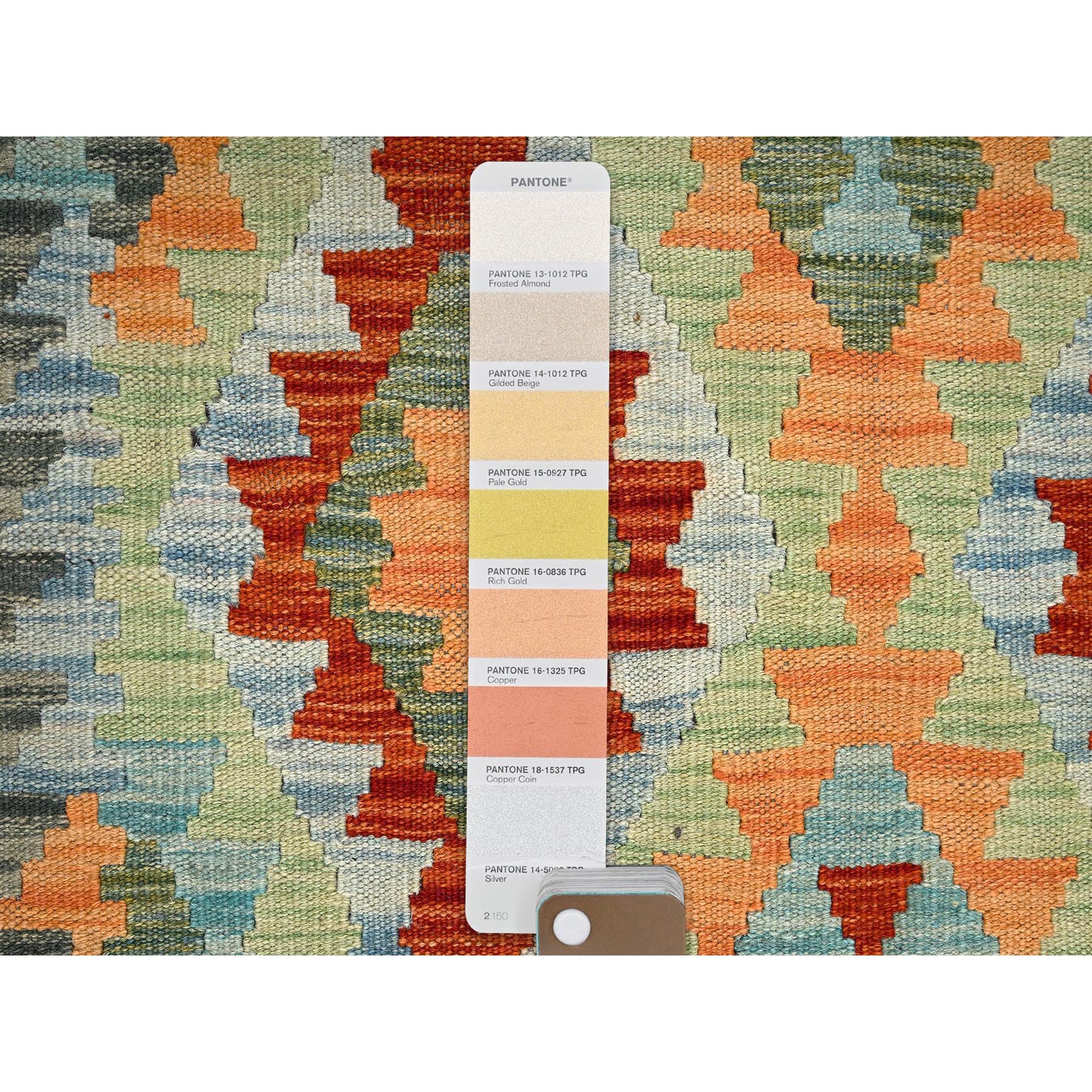 2'7"x7'9" Frosted Almond White, Afghan Kilim with Colorful Geometric Pattern, 100% Wool, Vegetable Dyes, Flat Weave, Hand Woven, Reversible, Runner, Oriental Rug Sh1218