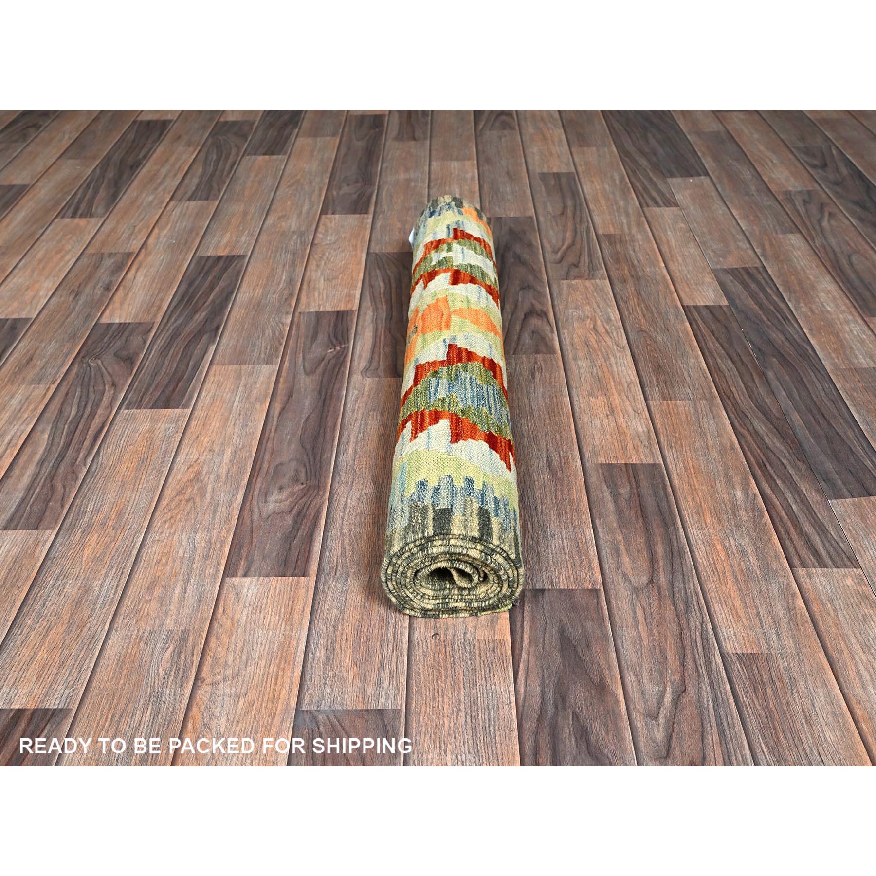 2'7"x7'9" Frosted Almond White, Afghan Kilim with Colorful Geometric Pattern, 100% Wool, Vegetable Dyes, Flat Weave, Hand Woven, Reversible, Runner, Oriental Rug Sh1218