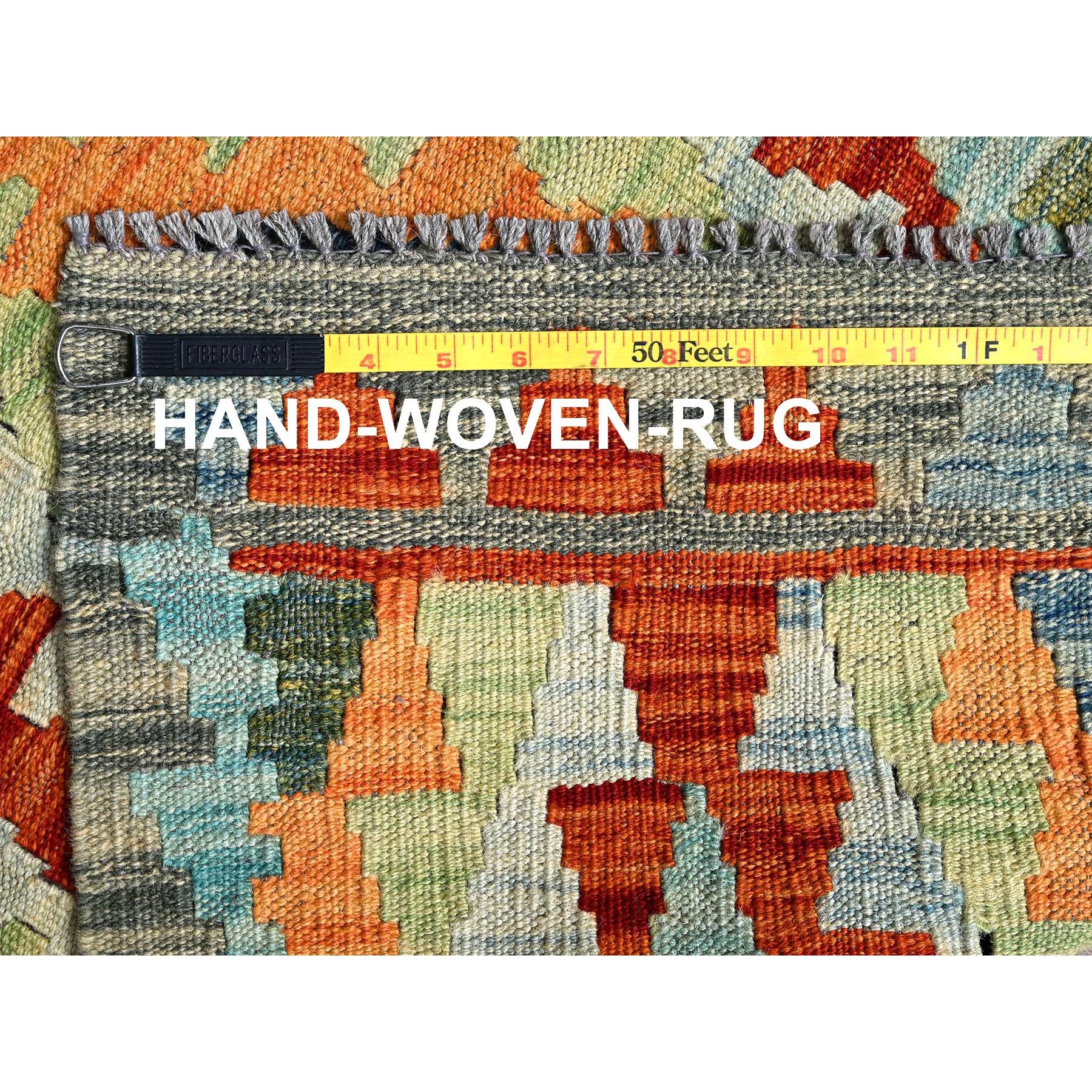 2'7"x7'9" Frosted Almond White, Afghan Kilim with Colorful Geometric Pattern, 100% Wool, Vegetable Dyes, Flat Weave, Hand Woven, Reversible, Runner, Oriental Rug Sh1218