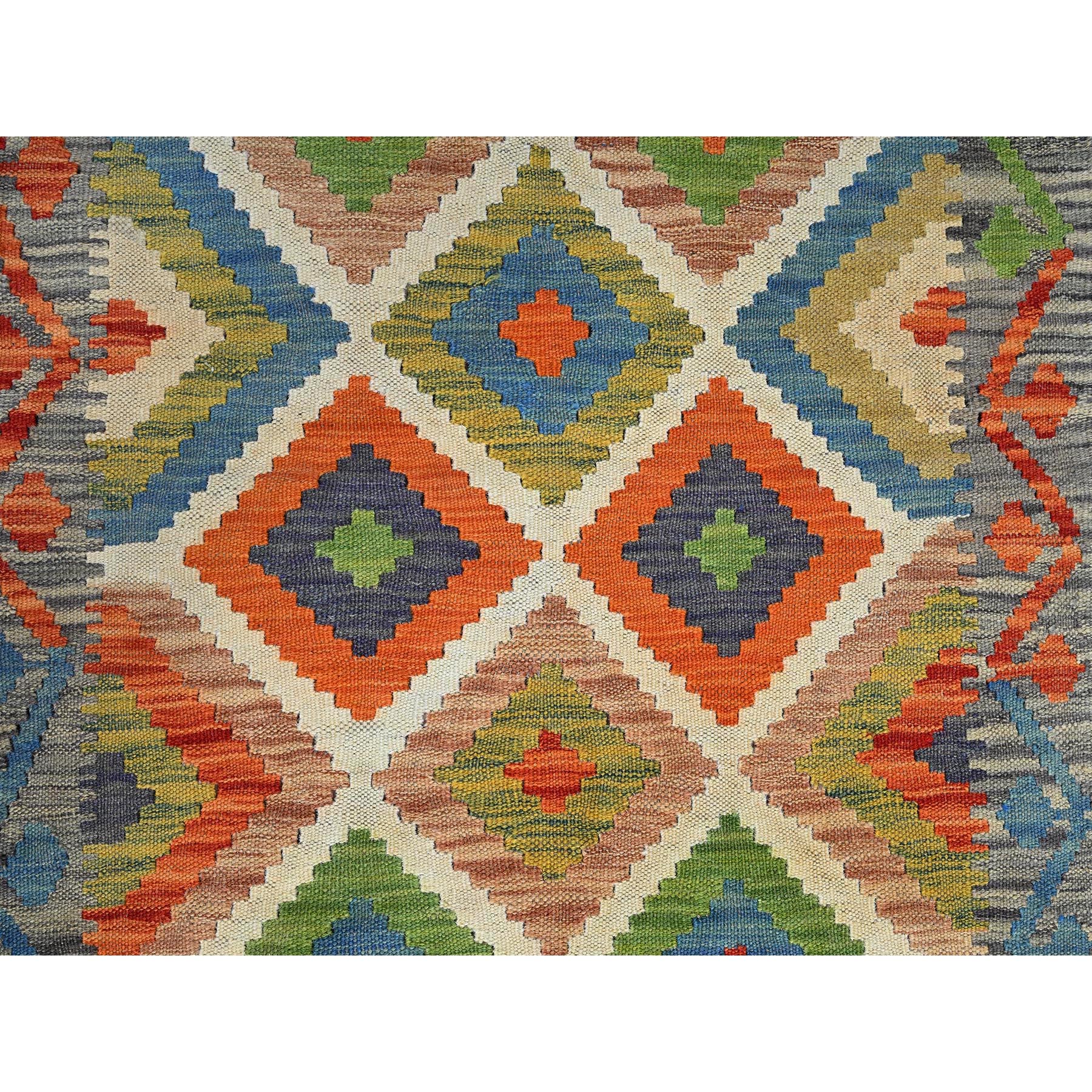 2'6"x8' Alabaster White, Flat Weave, Afghan Kilim with Colorful Geometric Pattern, 100% Wool, Vegetable Dyes, Hand Woven, Reversible, Narrow Runner, Oriental Rug Sh1219