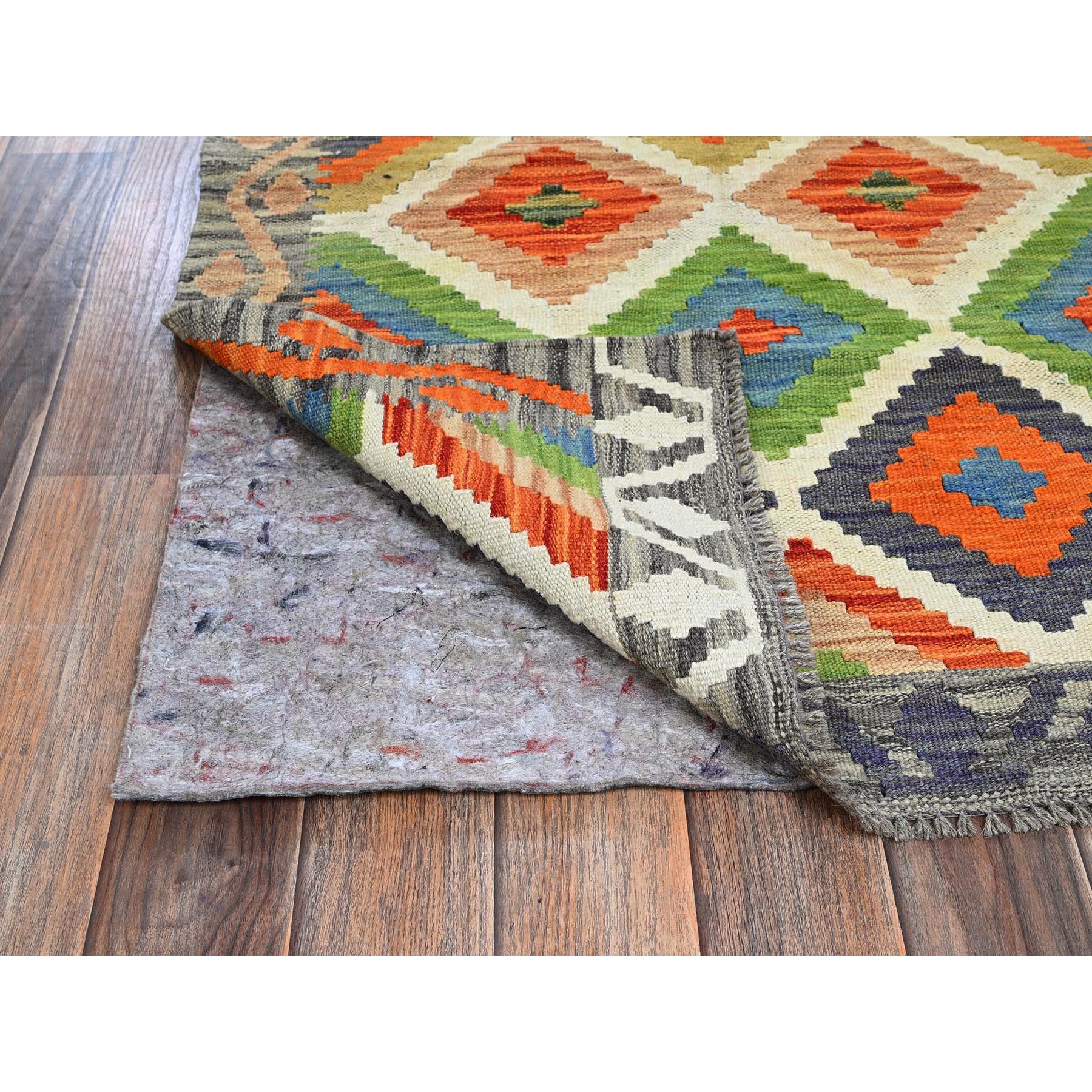 2'6"x8' Alabaster White, Flat Weave, Afghan Kilim with Colorful Geometric Pattern, 100% Wool, Vegetable Dyes, Hand Woven, Reversible, Narrow Runner, Oriental Rug Sh1219