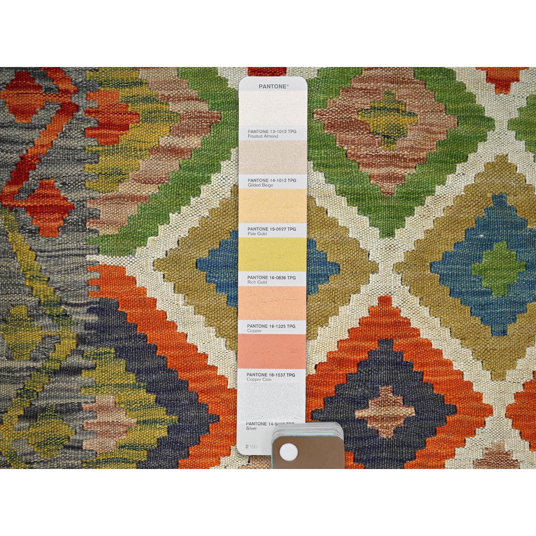 2'6"x8' Alabaster White, Flat Weave, Afghan Kilim with Colorful Geometric Pattern, 100% Wool, Vegetable Dyes, Hand Woven, Reversible, Narrow Runner, Oriental Rug Sh1219