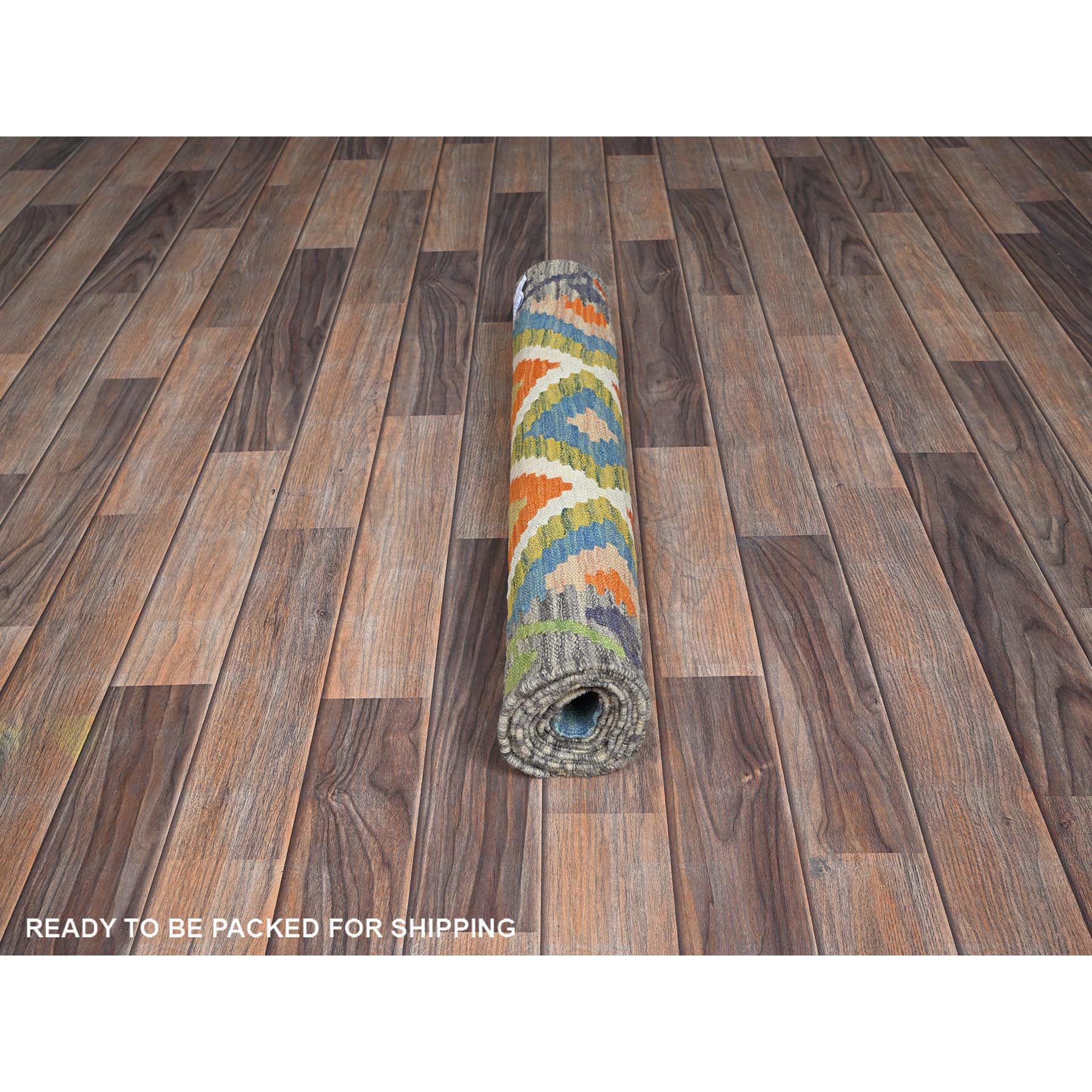 2'6"x8' Alabaster White, Flat Weave, Afghan Kilim with Colorful Geometric Pattern, 100% Wool, Vegetable Dyes, Hand Woven, Reversible, Narrow Runner, Oriental Rug Sh1219