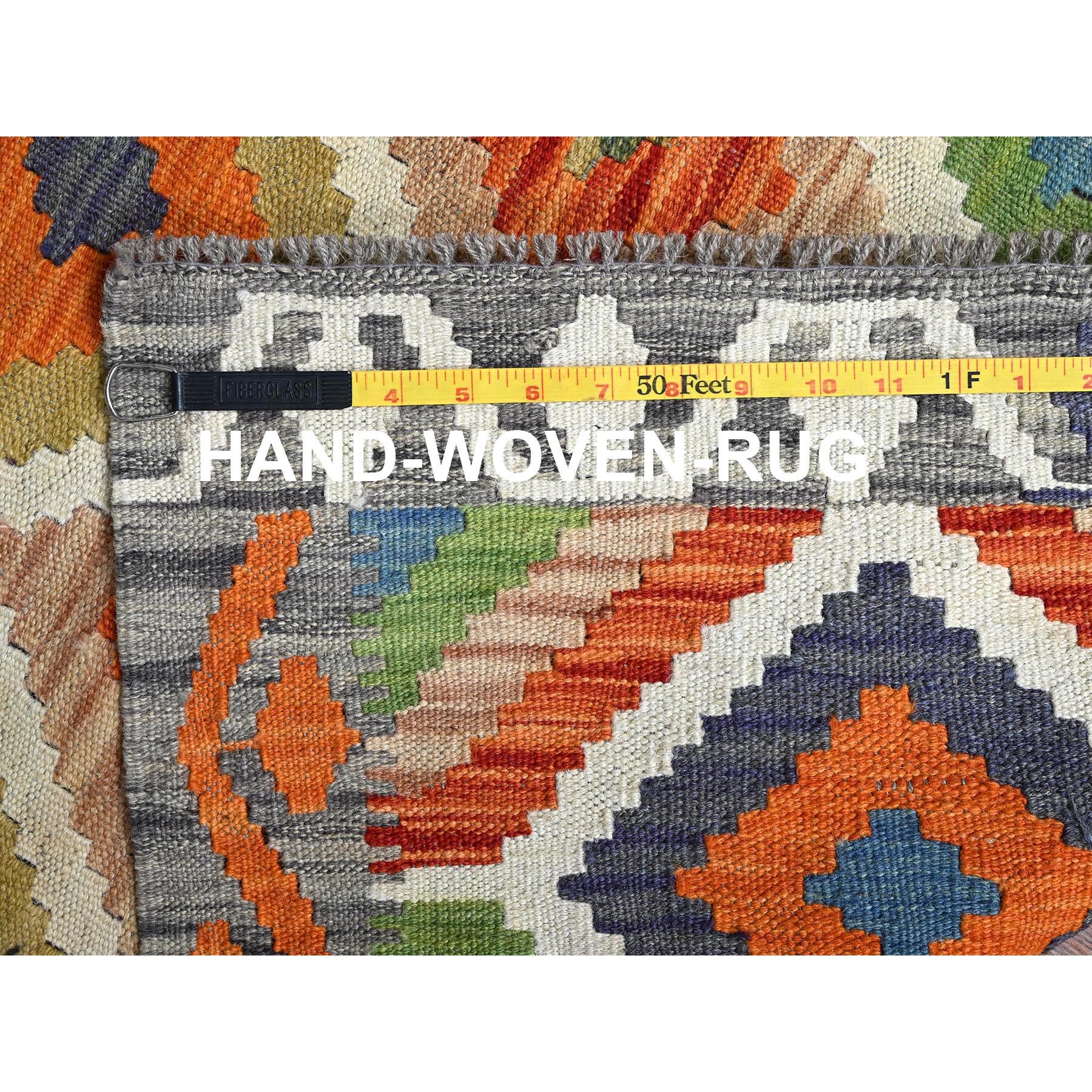 2'6"x8' Alabaster White, Flat Weave, Afghan Kilim with Colorful Geometric Pattern, 100% Wool, Vegetable Dyes, Hand Woven, Reversible, Narrow Runner, Oriental Rug Sh1219